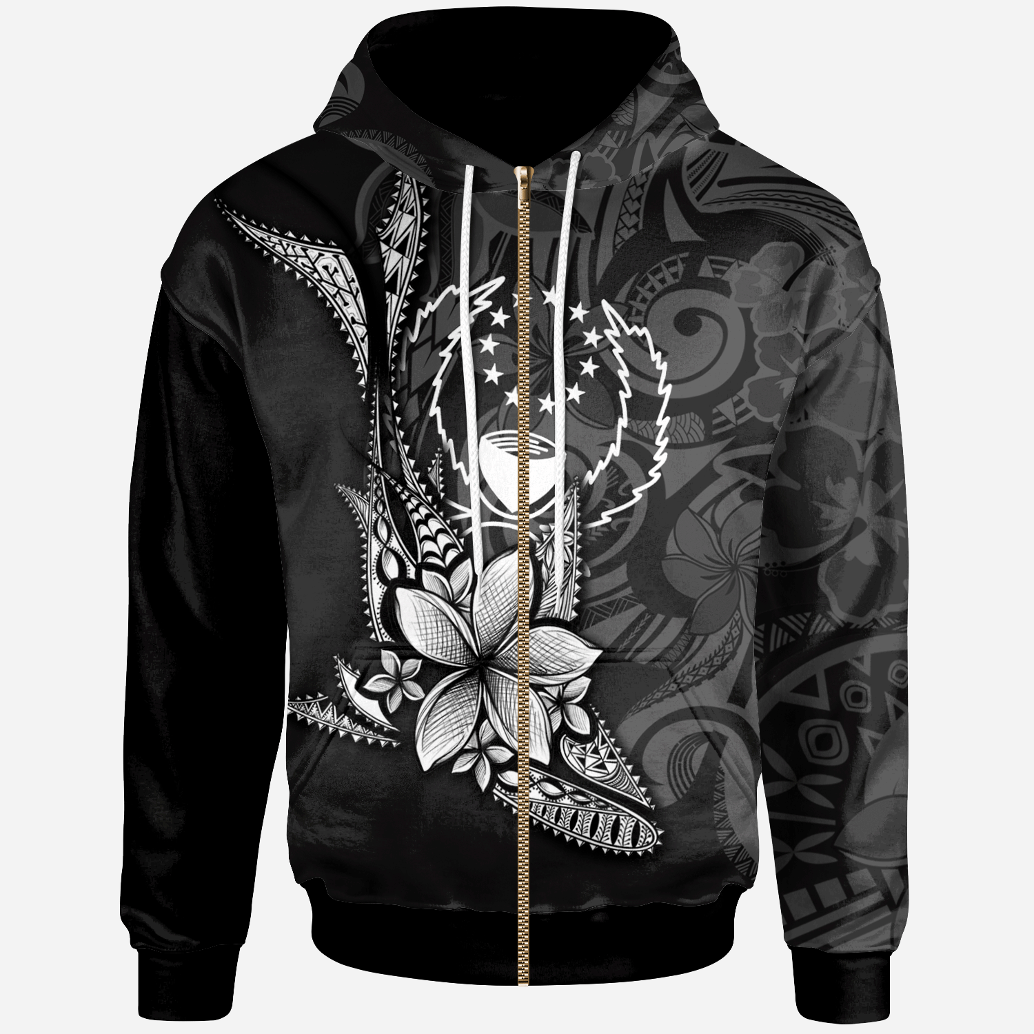 Pohnpei Custom Zip Hoodie Fish With Plumeria Flowers Style Unisex Black - Polynesian Pride