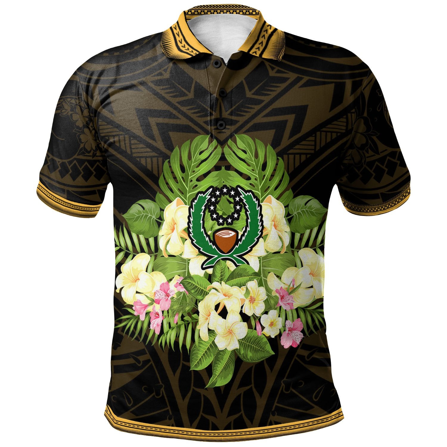 Pohnpei Polo Shirt Polynesian Gold Patterns Collection Unisex Black - Polynesian Pride