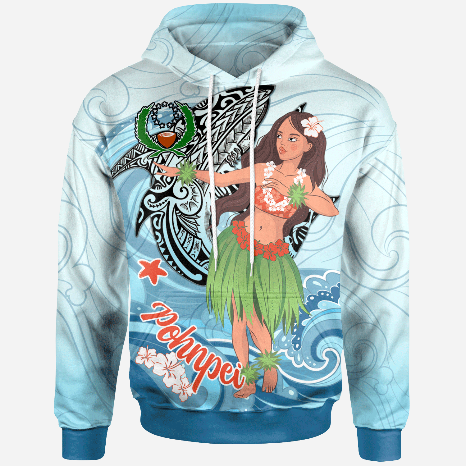 Pohnpei Hoodie Polynesian Girls With Shark Unisex Blue - Polynesian Pride