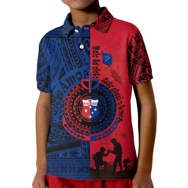 Custom Samoa Independence Day Polo Shirt Military Polynesian Pattern LT9 Kid Blue - Red - Polynesian Pride