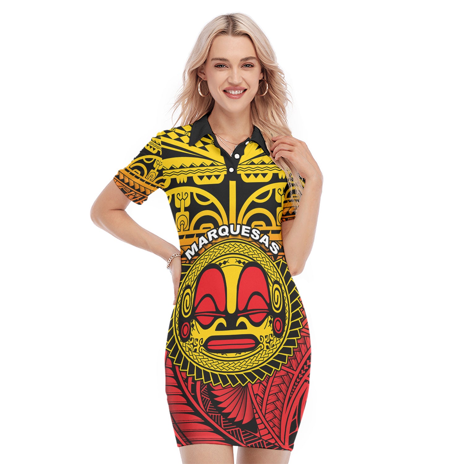 Marquesas Islands Polo Dress Mata Tiki Polynesian Pattern LT13 Yellow - Polynesian Pride