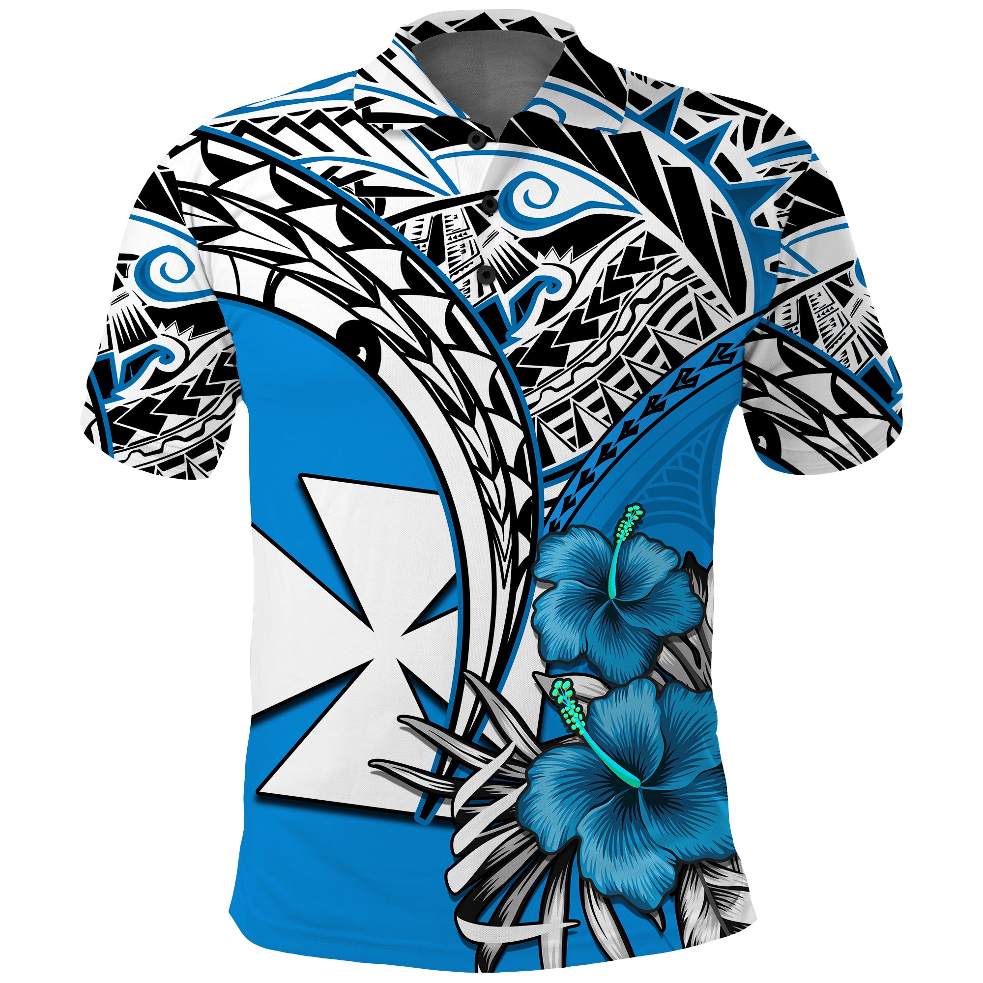 Wallis et Futuna Polo Shirt Polynesian Pattern and Hibiscus Flowers Version Blue LT13 Unisex Blue - Polynesian Pride