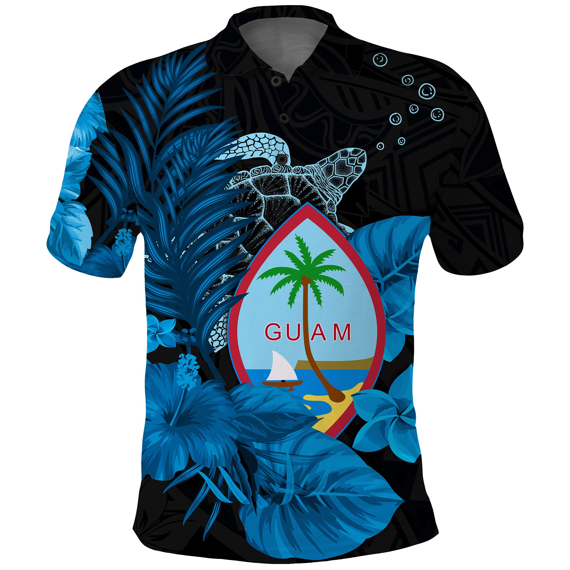 Guam Seal Polo Shirt Polynesian Turtle with Flowers Version Blue LT13 Unisex Blue - Polynesian Pride