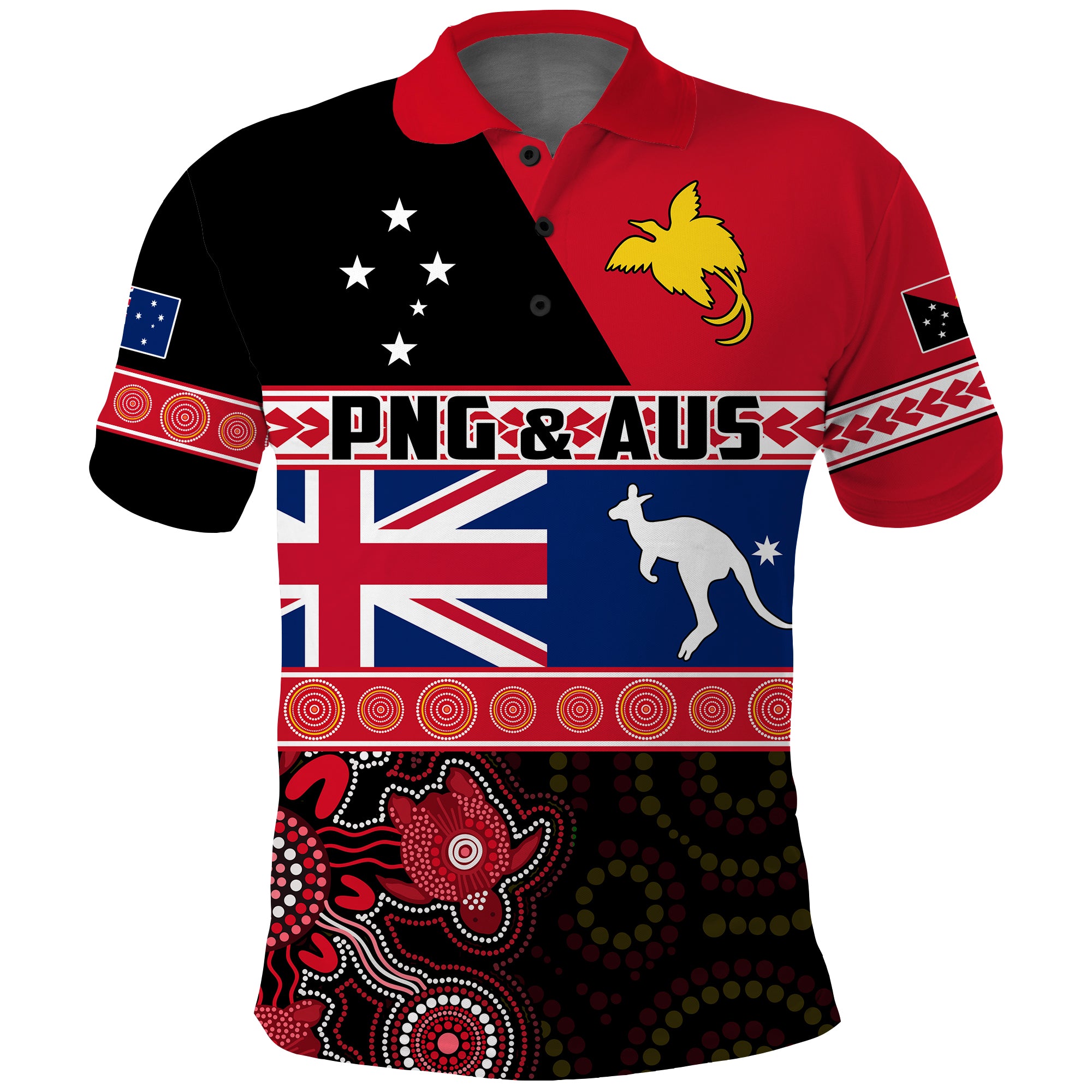 Papua New Guinea Australia Polo Shirt Aboriginal PNG and AUS LT13 Unisex Black - Polynesian Pride