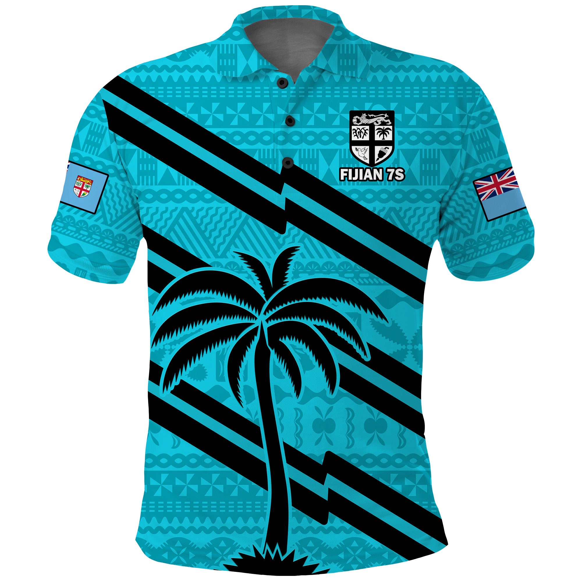 (Custom Text and Number) Fiji Rugby Tapa Pattern Fijian 7s Cyan Polo Shirt LT14 Cyan - Polynesian Pride