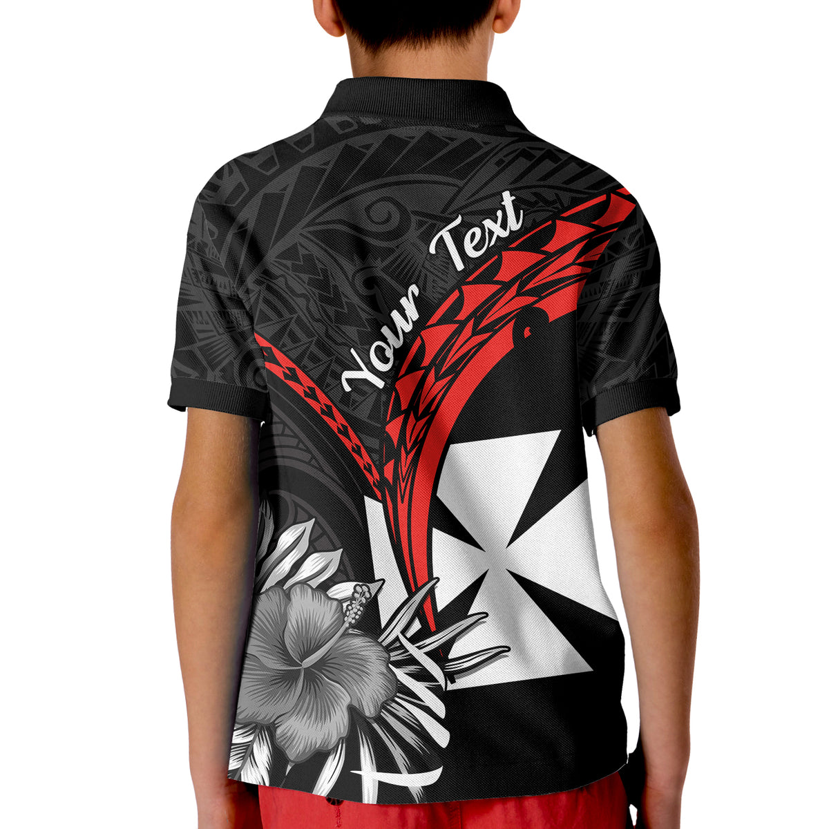 (Custom Personalised) Wallis et Futuna Polo Shirt KID Polynesian Pattern and Hibiscus Flowers Version Black LT13 - Polynesian Pride