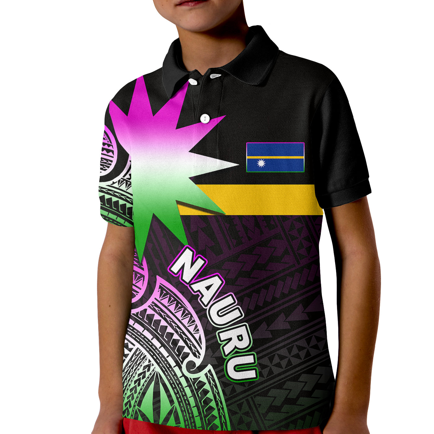 (Custom Personalised) Nauru Polo Shirt KID Flag In Heart No.2 LT6 Unisex Black - Polynesian Pride