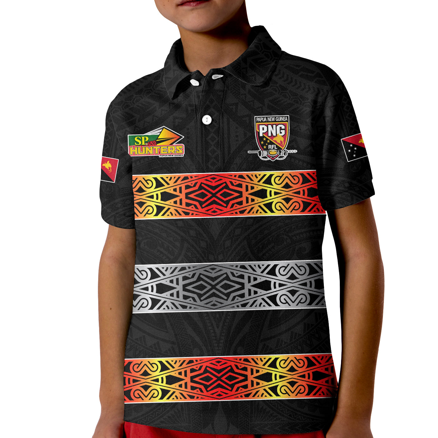 The Hunters PNG Polo Shirt KID Papua New Guinea Hunters Rugby LT13 Unisex Black - Polynesian Pride