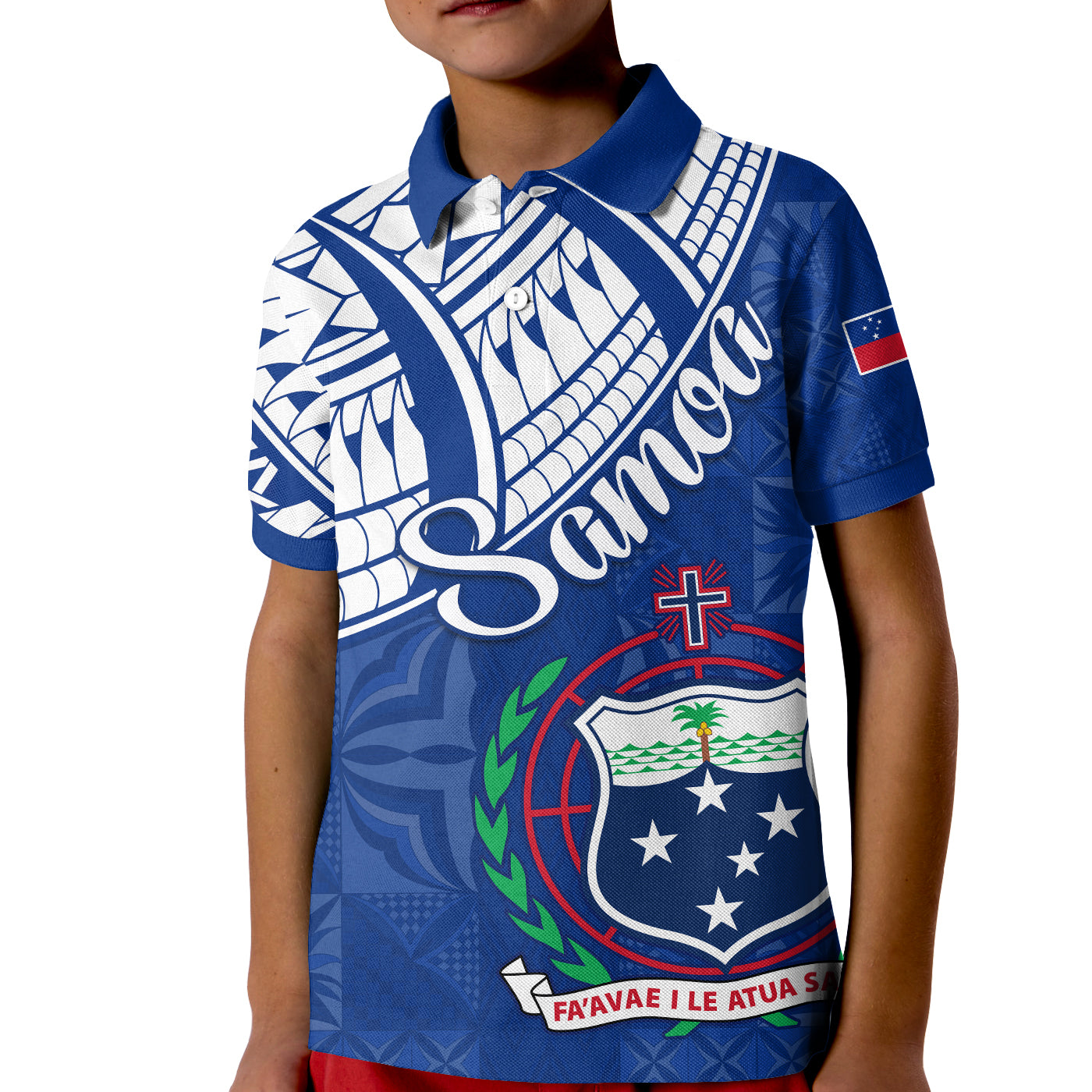 Samoa Siapo Polo Shirt KID Sporty Mix Barkcloth Panel LT13 Unisex Blue - Polynesian Pride