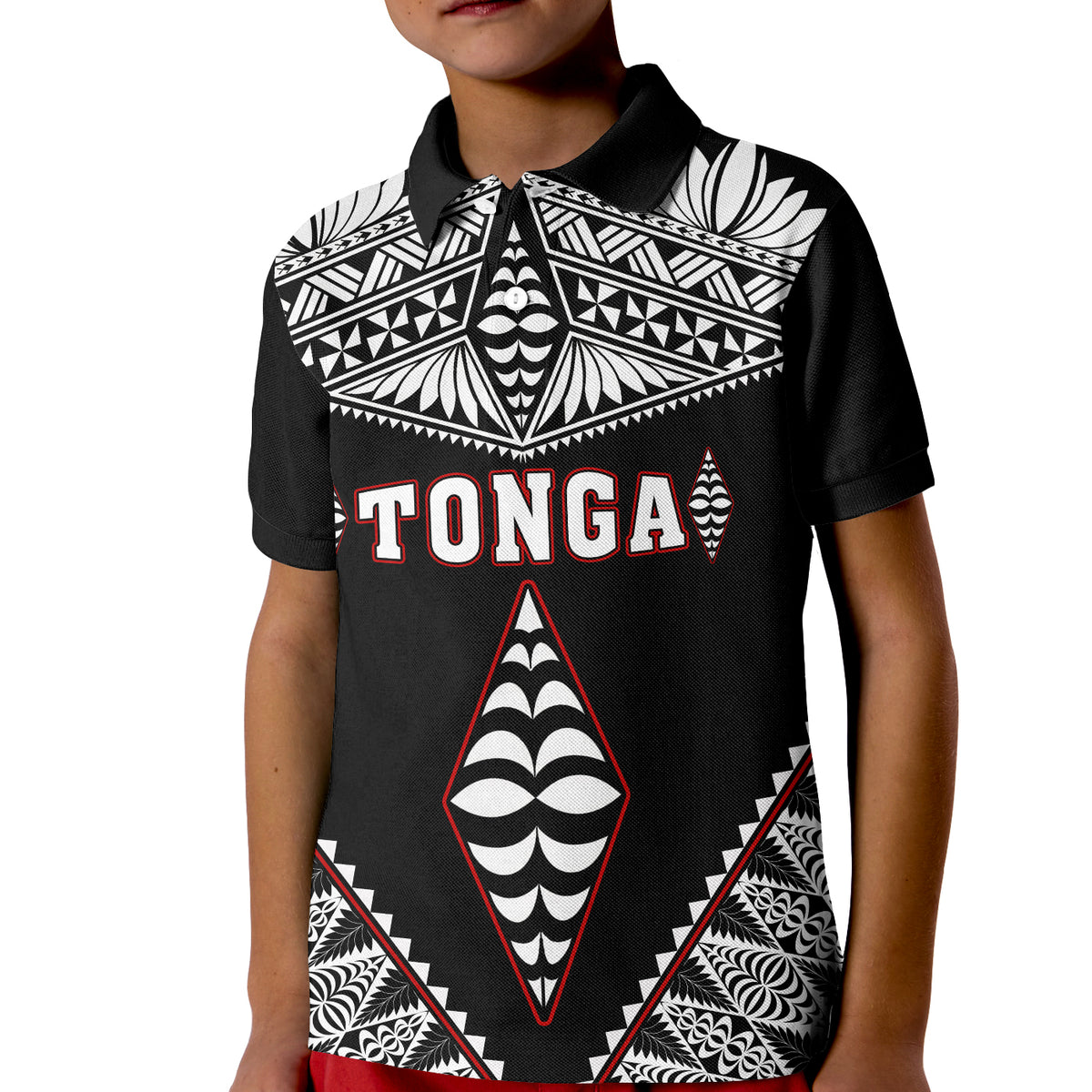 Tonga Polo Shirt KID Tongan Kupesi Pattern LT13 Unisex Black - Polynesian Pride