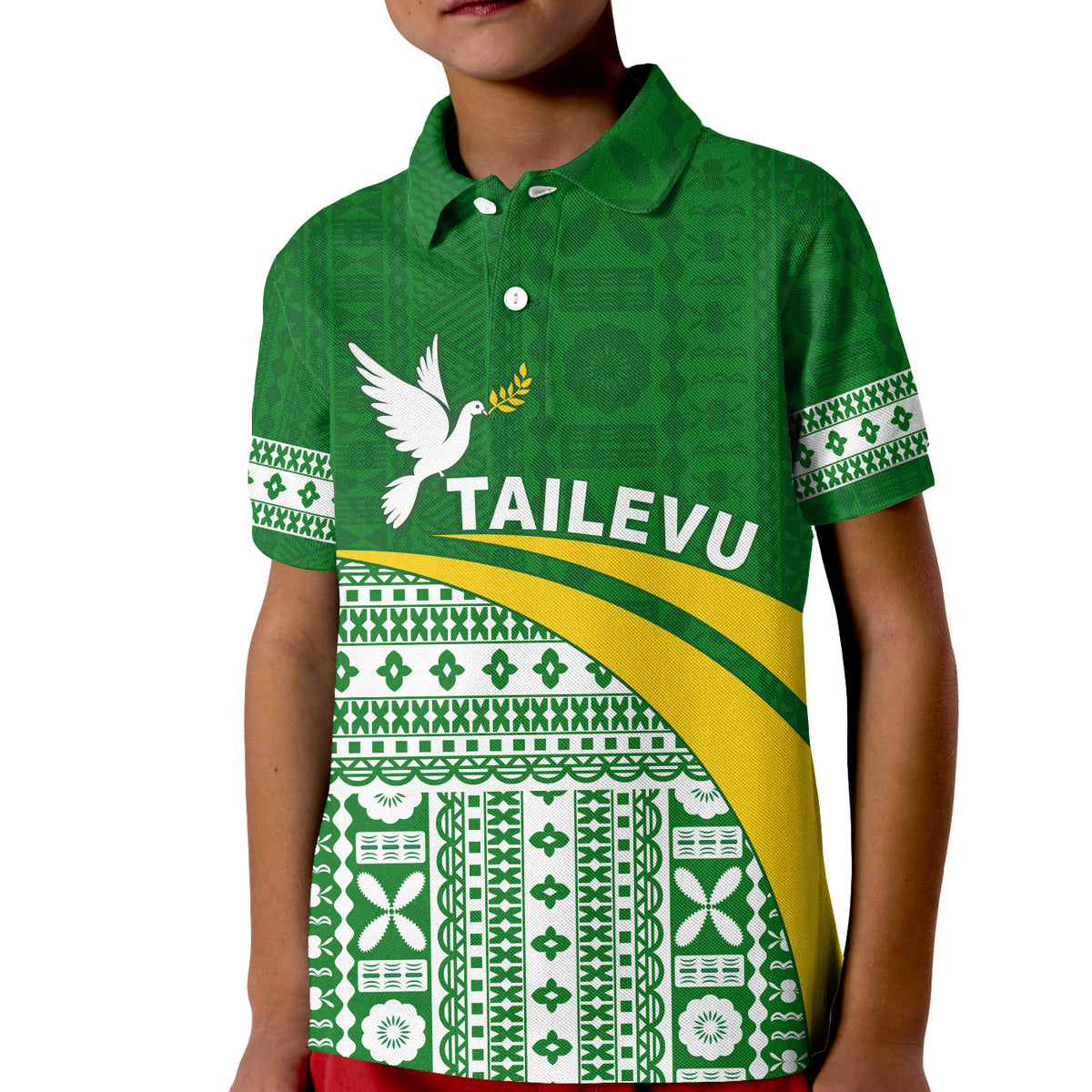 (Custom Text and Number) Tailevu Rugby Polo Shirt KID Fiji Rugby Tapa Pattern Green LT13 - Polynesian Pride