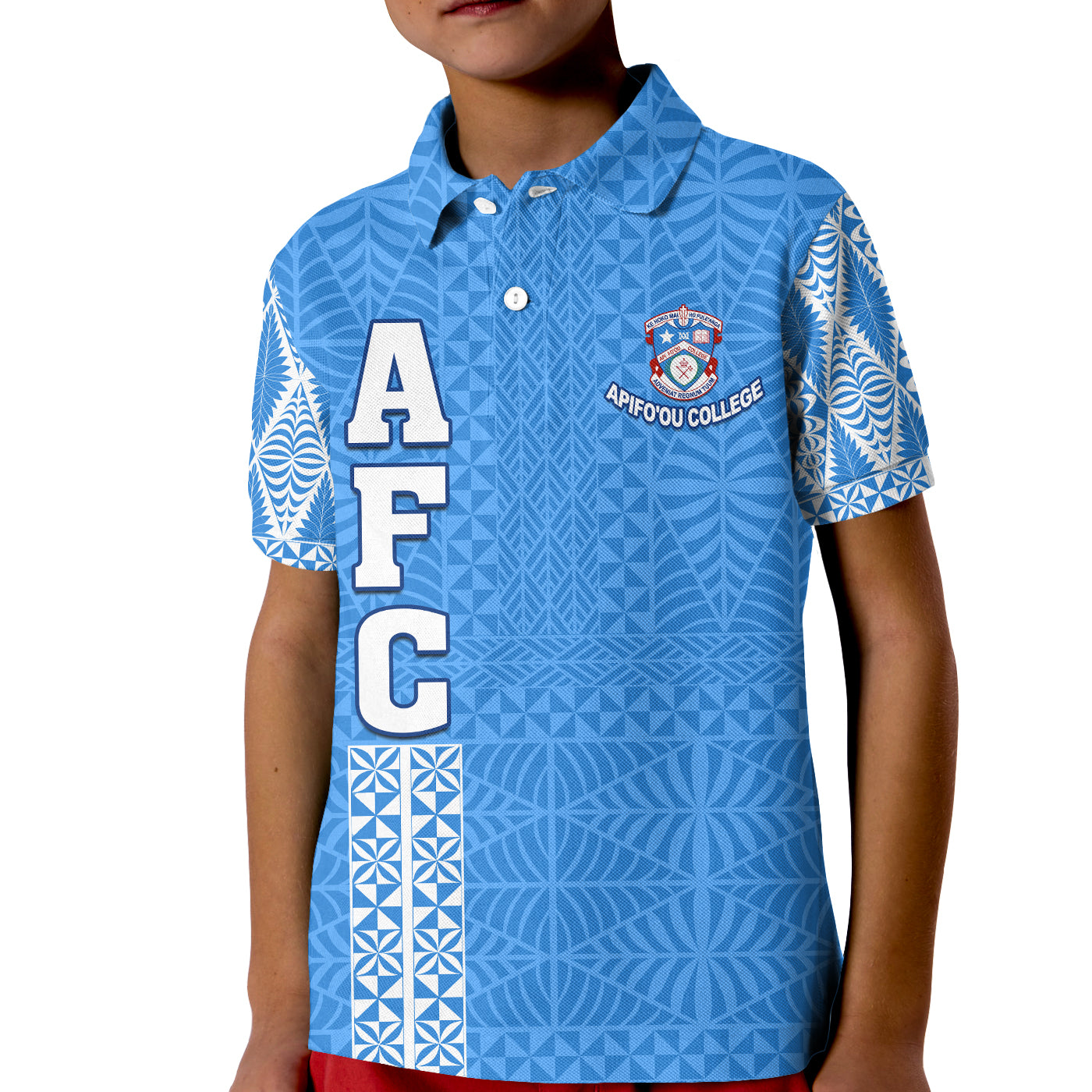 Apifo'ou College Polo Shirt KID Tongan Pattern AFC Lovers LT13 Unisex Blue - Polynesian Pride