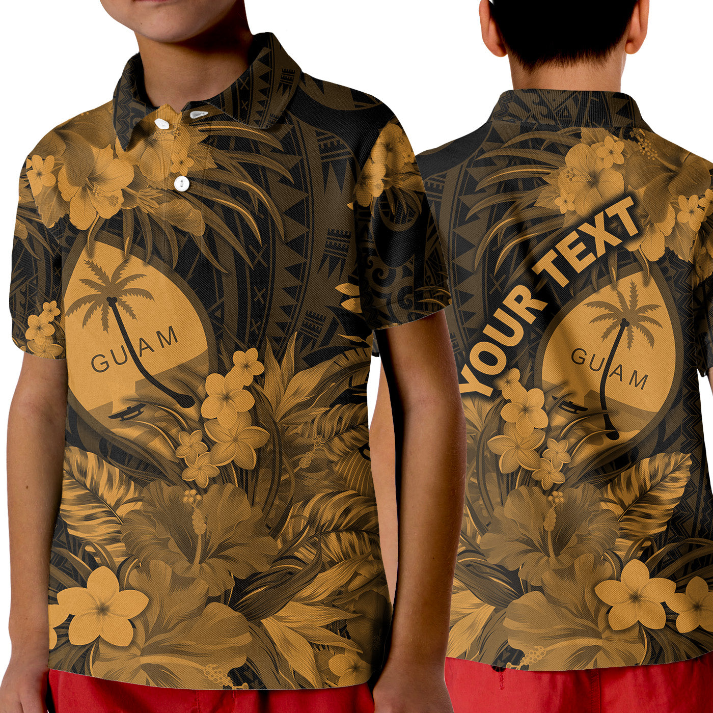 (Custom Personalised) Guam Polynesian Polo Shirt KID Tropical Flowers - Tan LT8 - Polynesian Pride