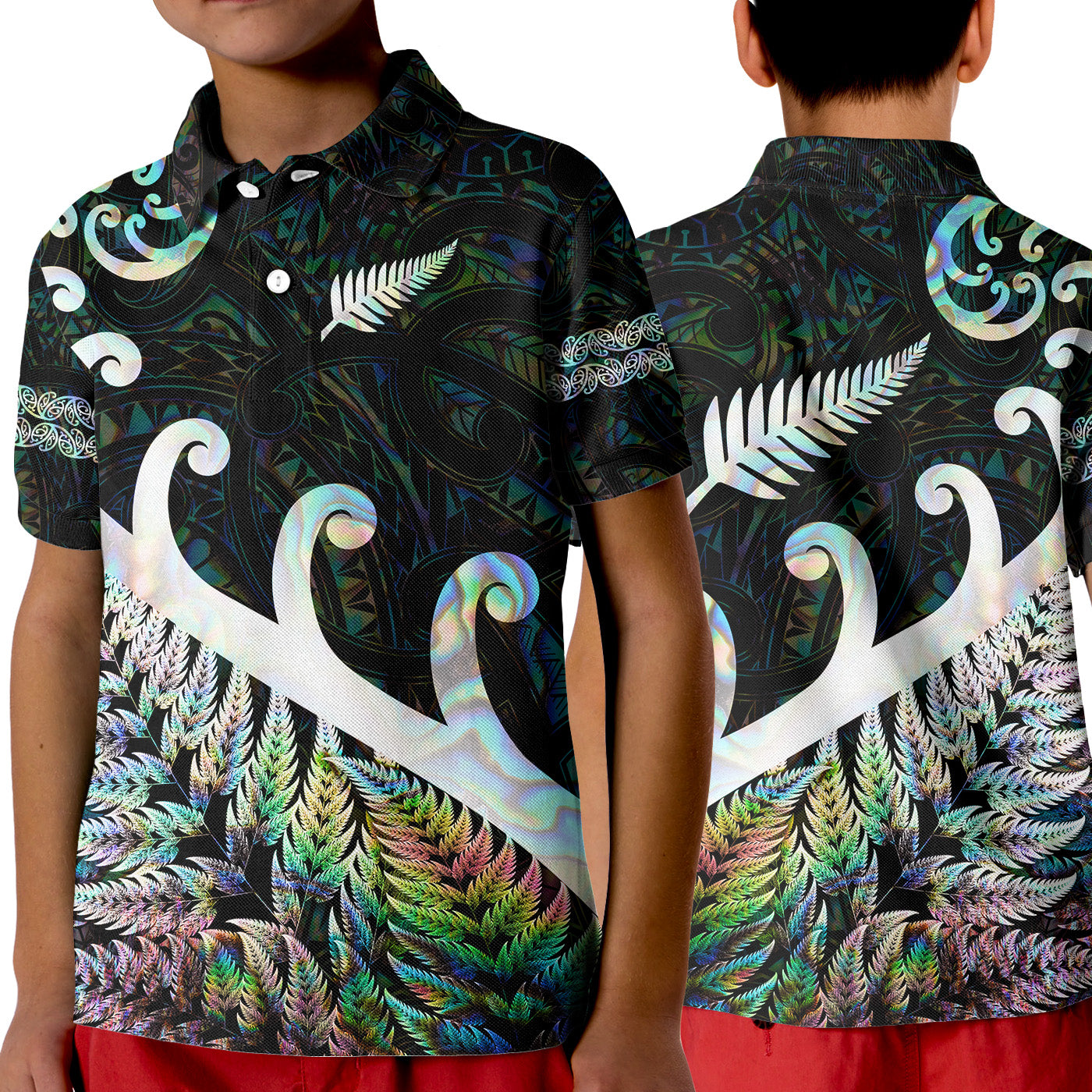 New Zealand Rugby Maori Polo Shirt KID Silver Fern Koru Vibes - Paua Shell LT8 Unisex Green - Polynesian Pride