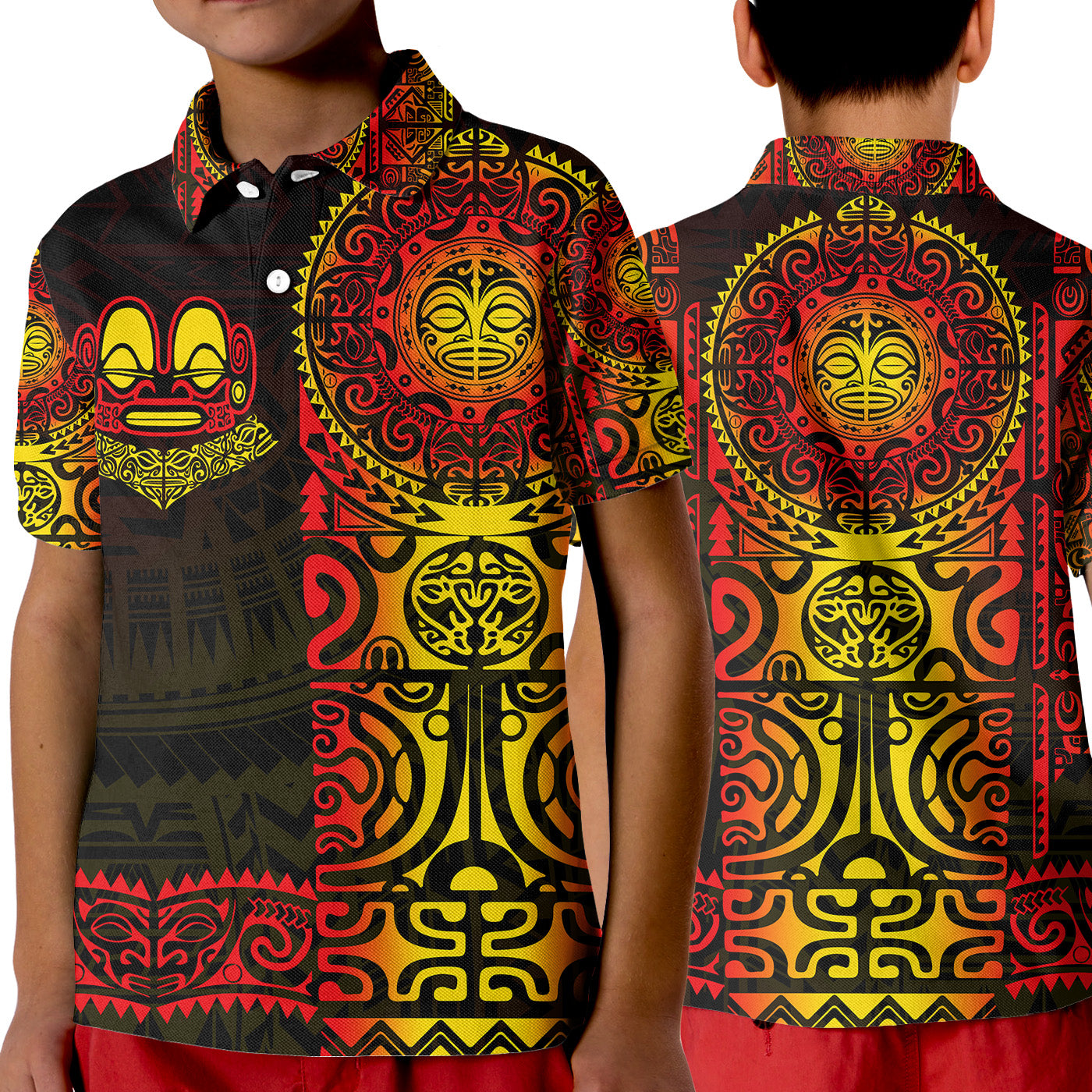 Marquesas Islands Polo Shirt KID Marquesan Tattoo Unique Style - Gradient Red LT8 Unisex Red - Polynesian Pride