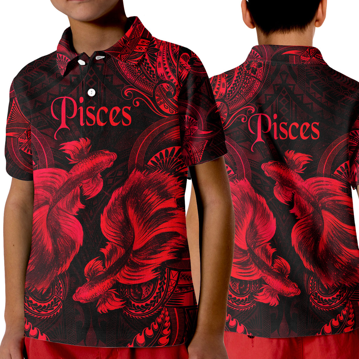 Pisces Zodiac Polynesian Polo Shirt KID Unique Style - Red LT8 Unisex Red - Polynesian Pride