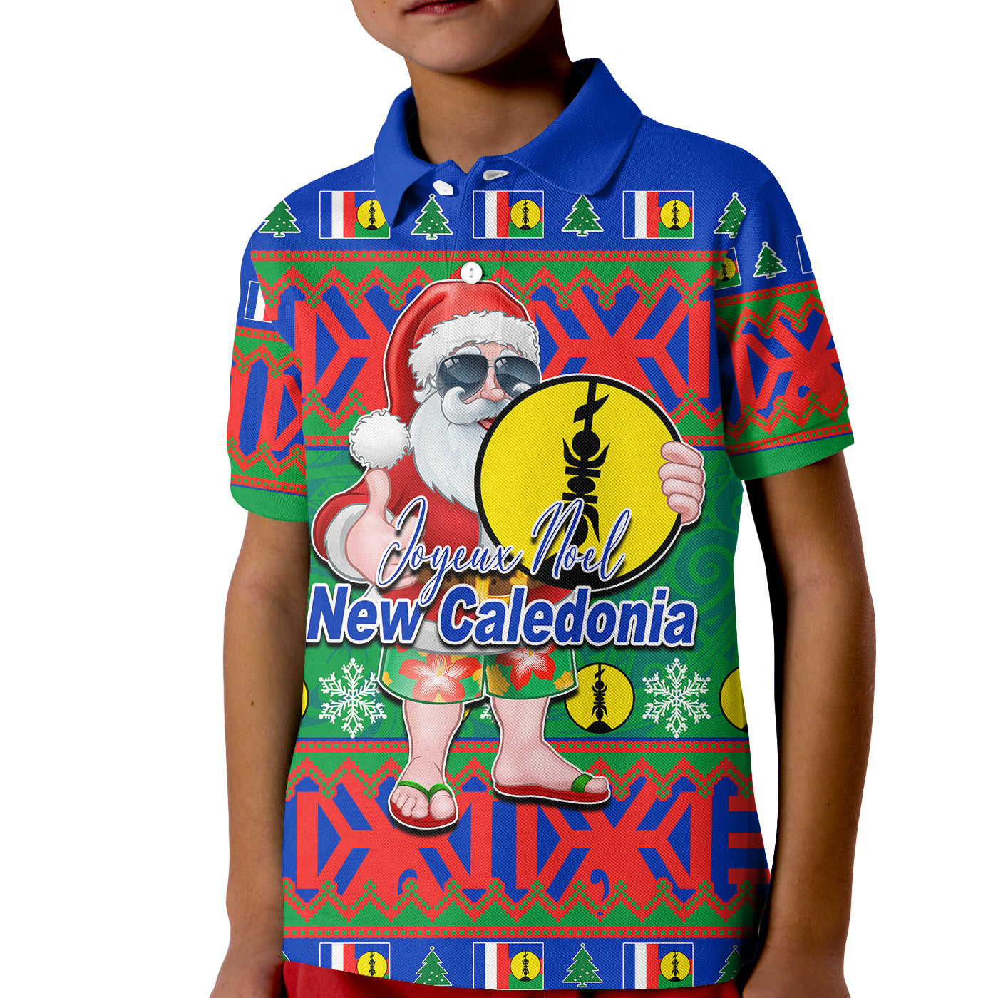 New Caledonia Christmas Polo Shirt KID Cool Santa Claus LT6 Unisex Blue - Polynesian Pride