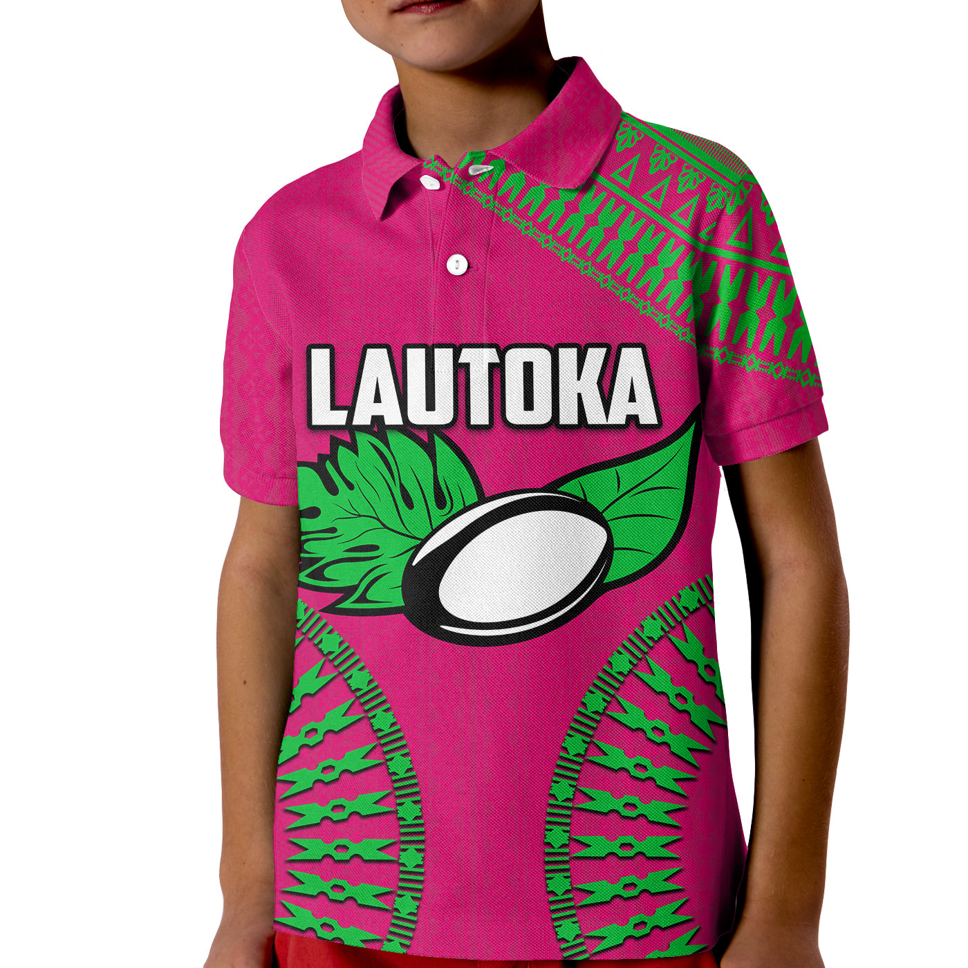 (Custom and Number) Lautoka Fiji Rugby Polo Shirt KID LT6 Unisex Pink - Polynesian Pride