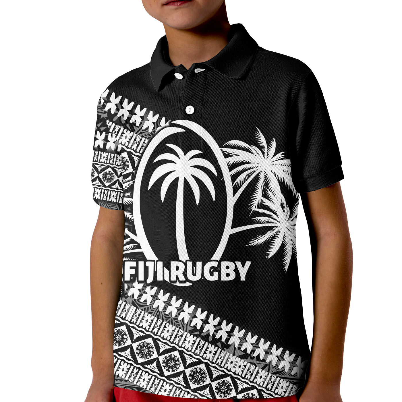 (Custom Personalised) FijI Tapa Rugby Polo Shirt KID LT6 Unisex Black - Polynesian Pride