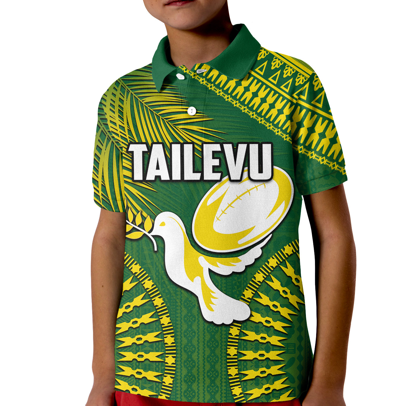 (Custom and Number) Tailevu Fiji Rugby Polo Shirt KID LT6 Unisex Green - Polynesian Pride