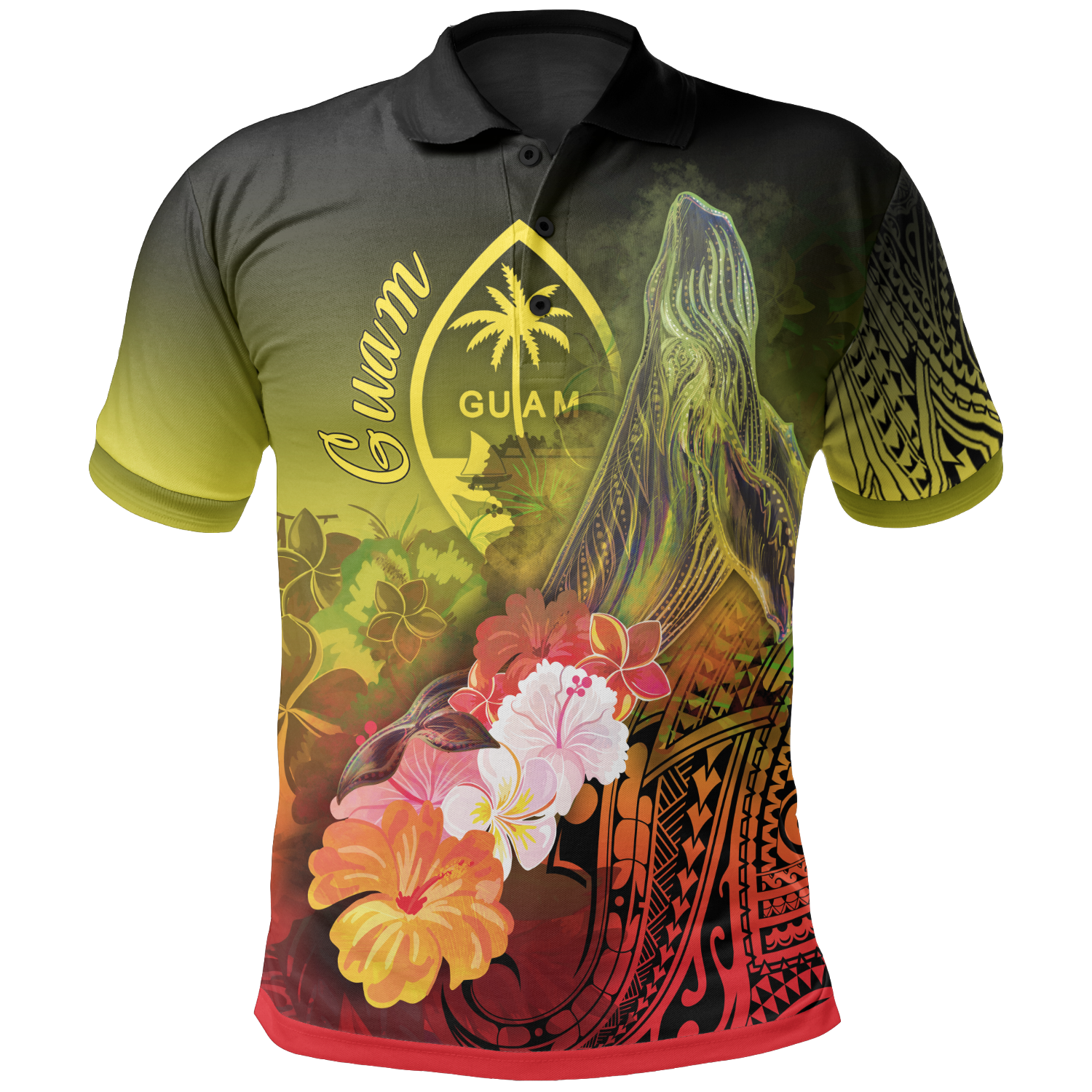 Guam Polo Shirt Humpback Whale with Tropical Flowers (Yellow) Unisex Yellow - Polynesian Pride