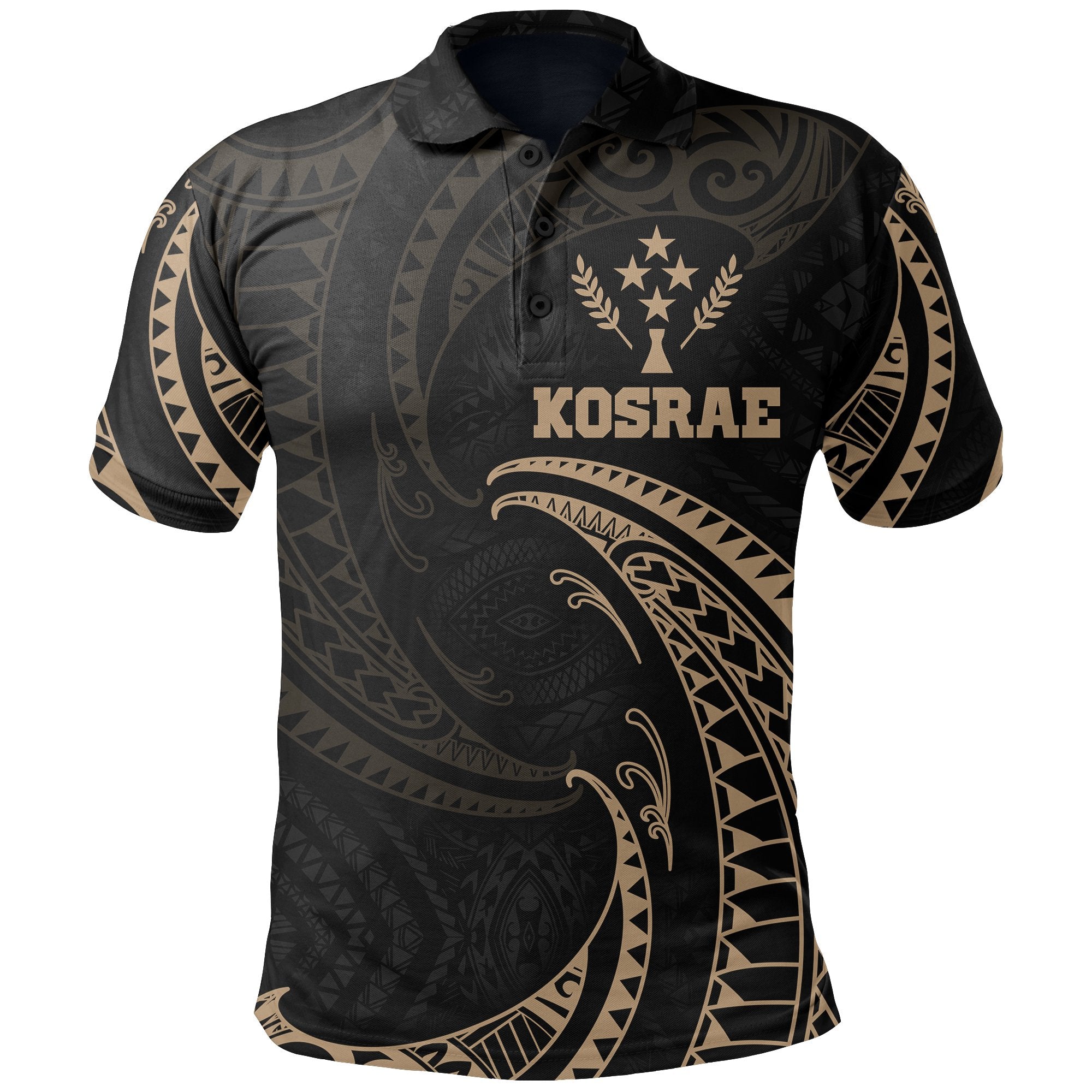 Kosrae Micronesia Polo Shirt Gold Tribal Wave Unisex Black - Polynesian Pride