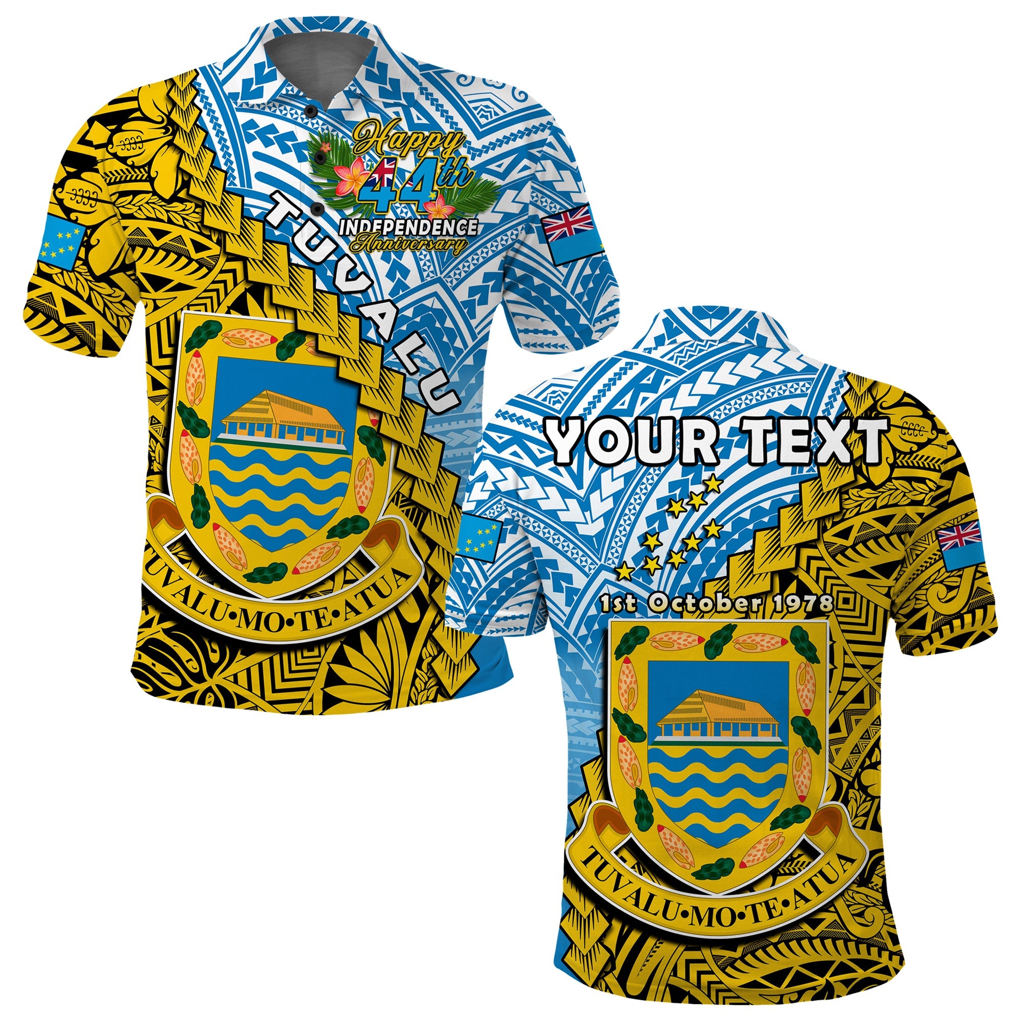 Custom Tuvalu 1978 Polo Shirt Happy 44th Independence Anniversary Polynesian Pattern LT14 Adult Yellow - Polynesian Pride