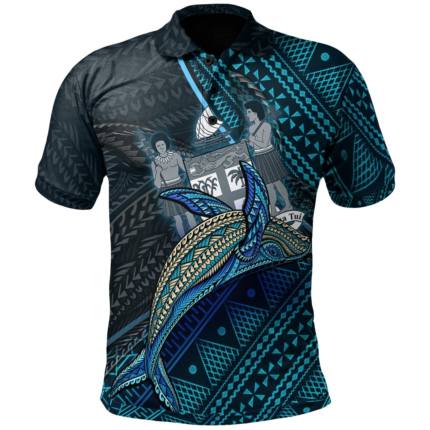 Fiji Polo Shirt Seal Fiji With Blue Whale Unisex Black - Polynesian Pride