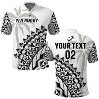 (Custom Text and Number) Fiji Rugby Polo Shirt Fijian Cibi Dance Tapa Pattern White LT14 Adult White - Polynesian Pride