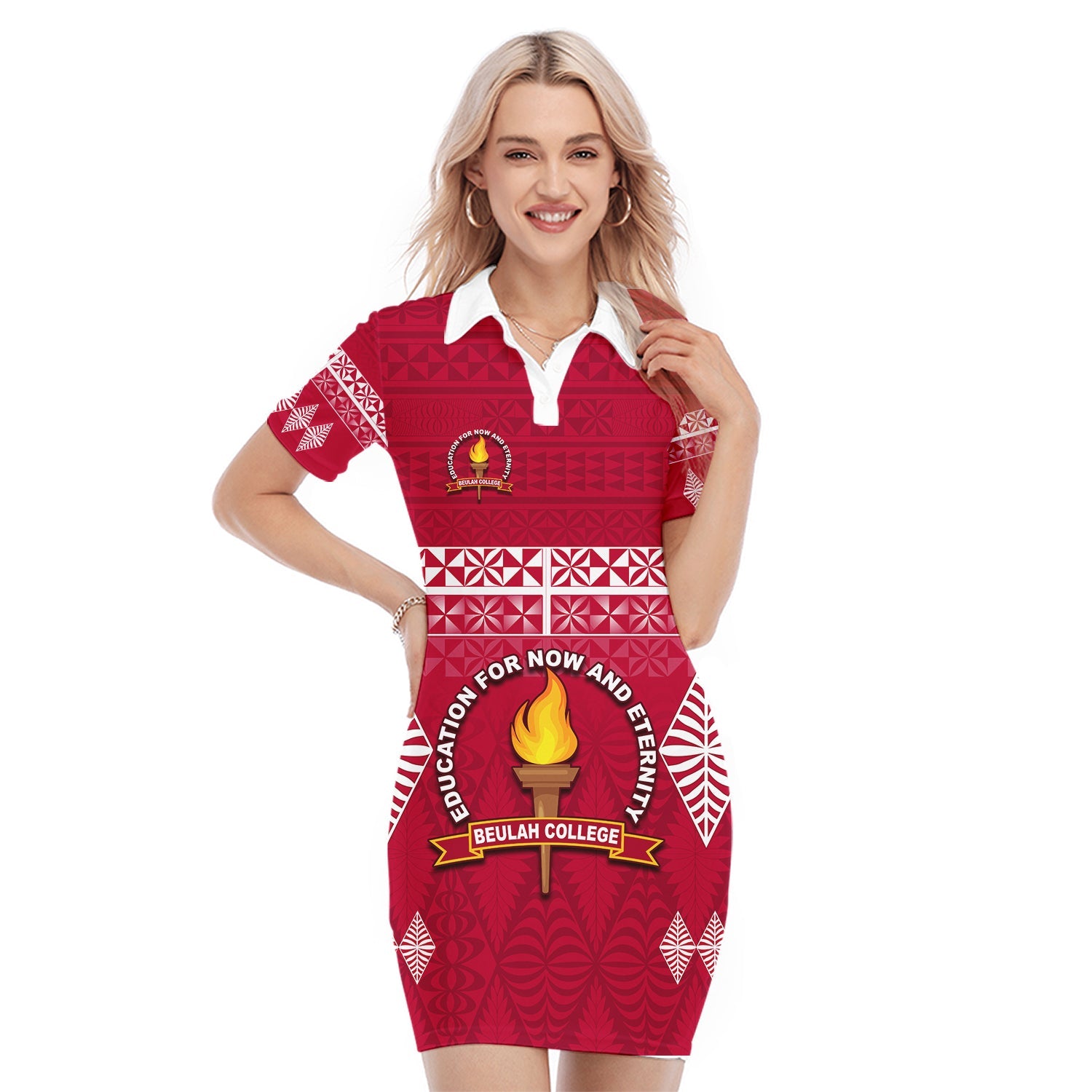 (Custom Text and Number) Beulah College Polo Dress Ngatu Pattern Tonga LT13 Maroon - Polynesian Pride