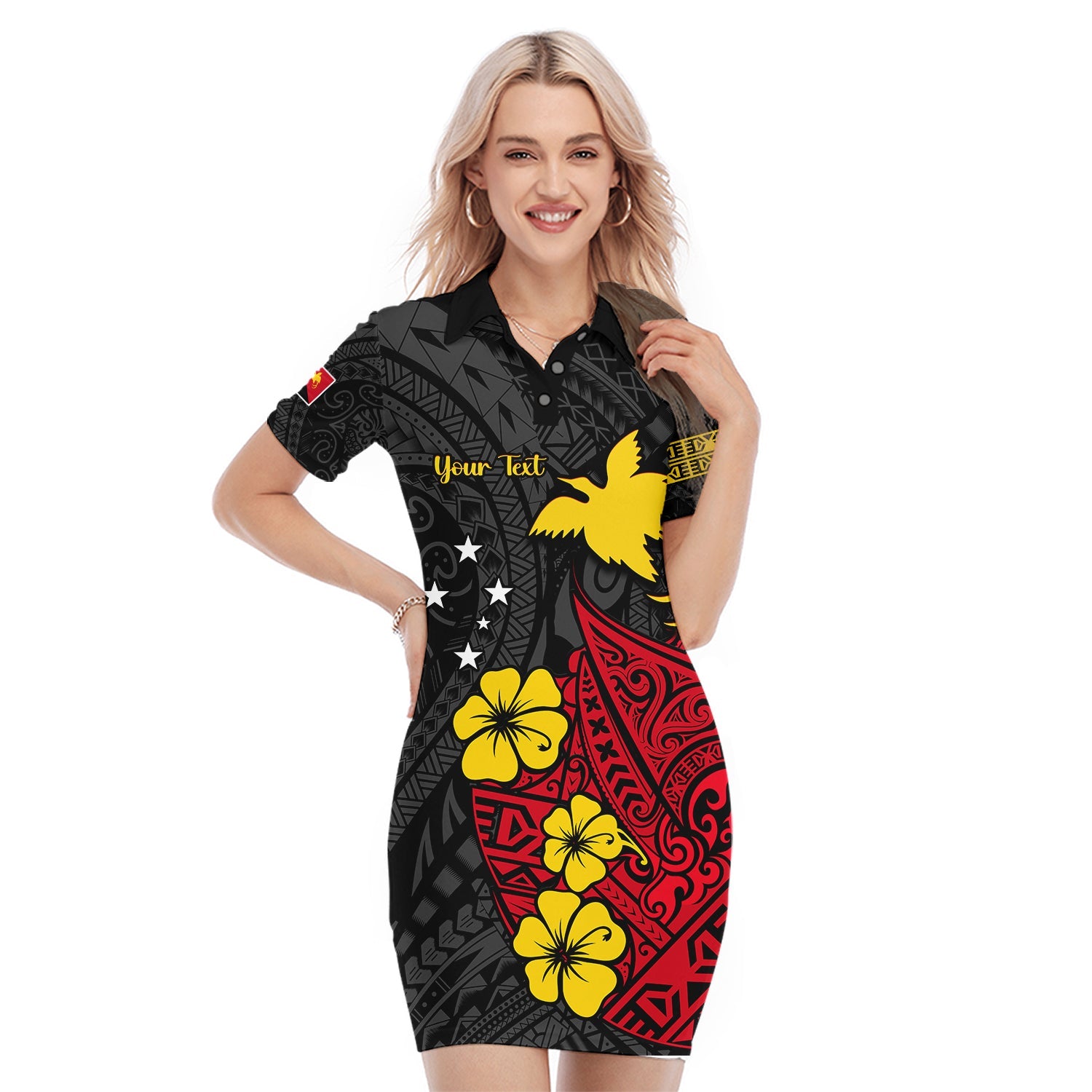 (Custom Personalised) Papua New Guinea Birds of Paradise Polo Dress LT13 Black - Polynesian Pride