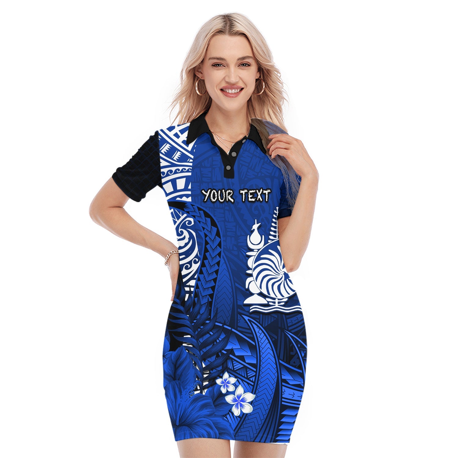 (Custom Personalised) New Caledonia Polo Dress Nautilus Blue Polynesian Hibiscus LT13 Blue - Polynesian Pride