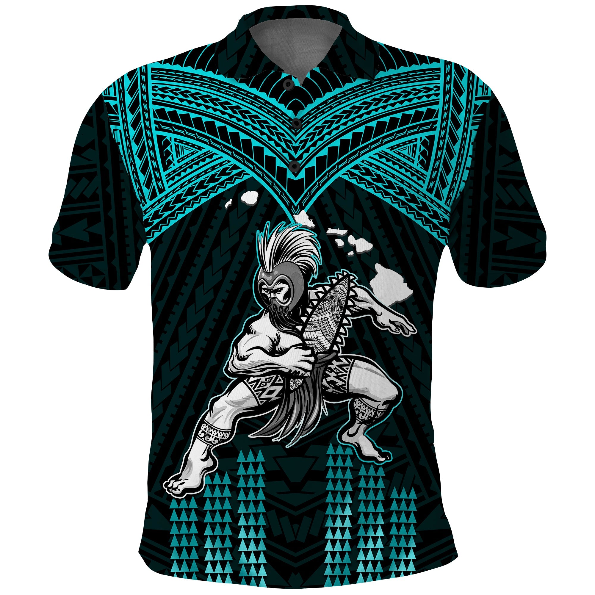 Custom Hawaii Polo Shirt Hawaiian Warrior With Weapon Polynesian Ver.02 LT14 Turquoise - Polynesian Pride