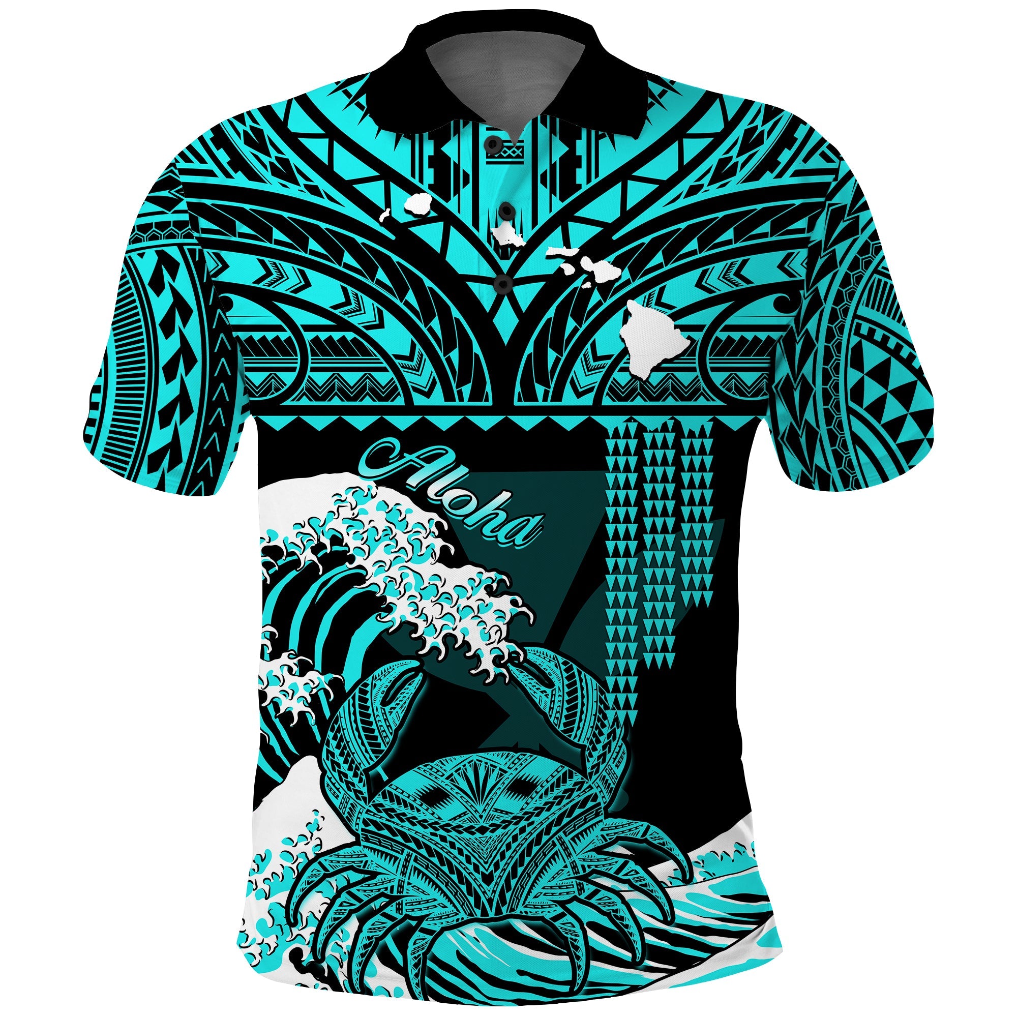 Custom Hawaii Polo Shirt Kakau Polynesian Crab With Waves Ver.01 LT14 Turquoise - Polynesian Pride