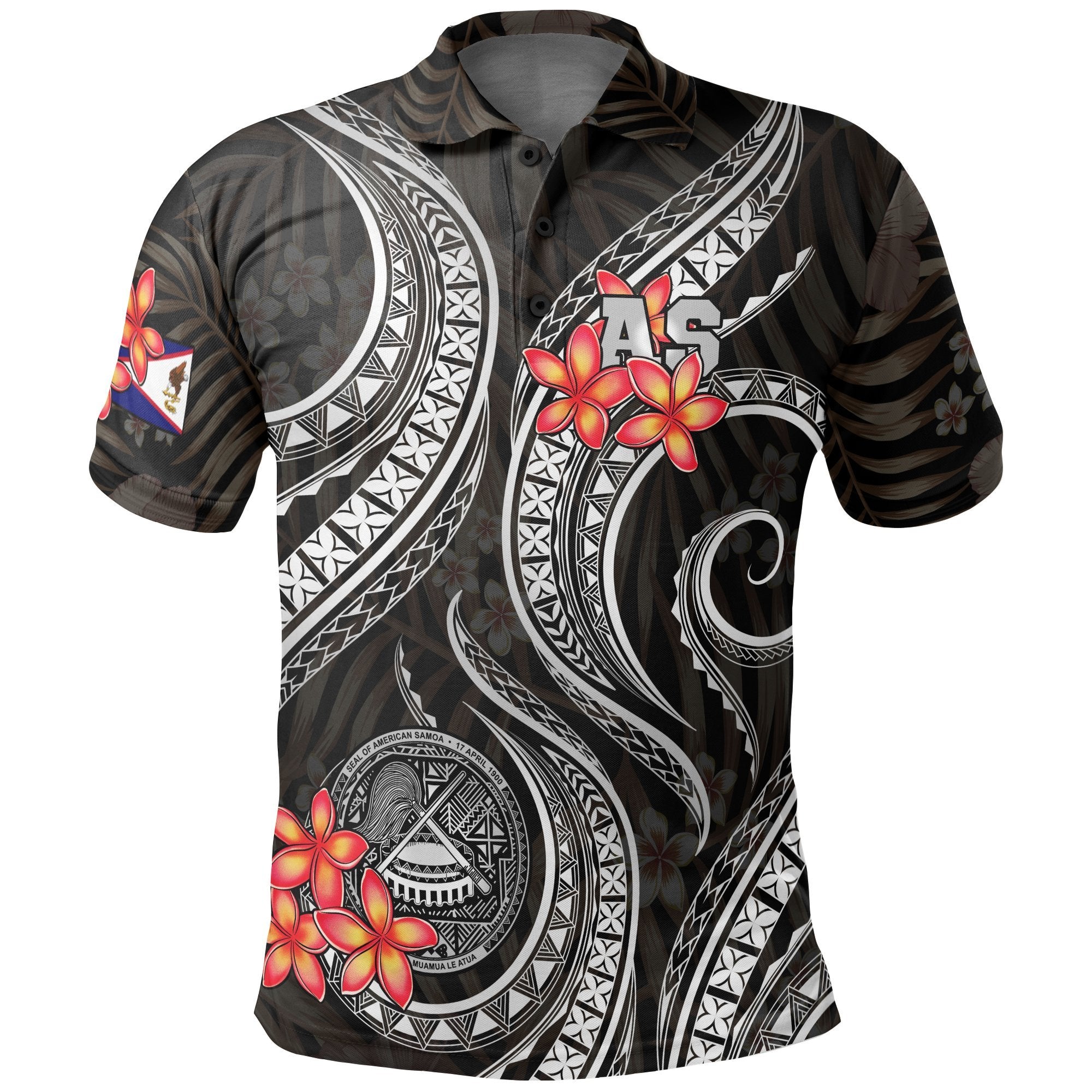 American Samoa Polo Shirt Amerika Samoa Flag Seal Tentacle Plumeria Black White Unisex BLACK - Polynesian Pride