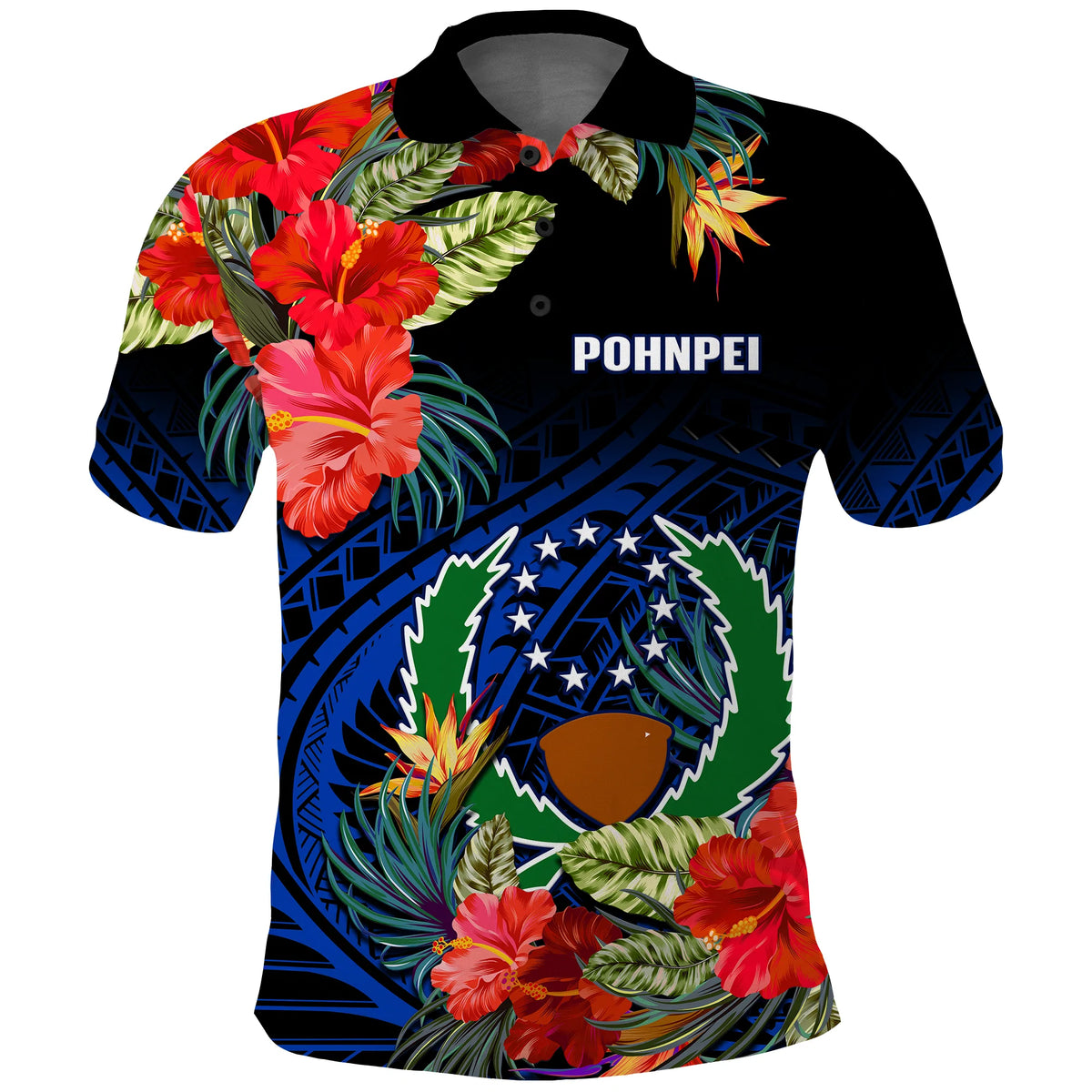 Pohnpei State Polo Shirt FSM Hibiscus Flowers Mix Polynesian LT14 Blue - Polynesian Pride