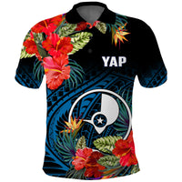 Custom Yap State Polo Shirt FSM Hibiscus Flowers Mix Polynesian LT14 Blue - Polynesian Pride