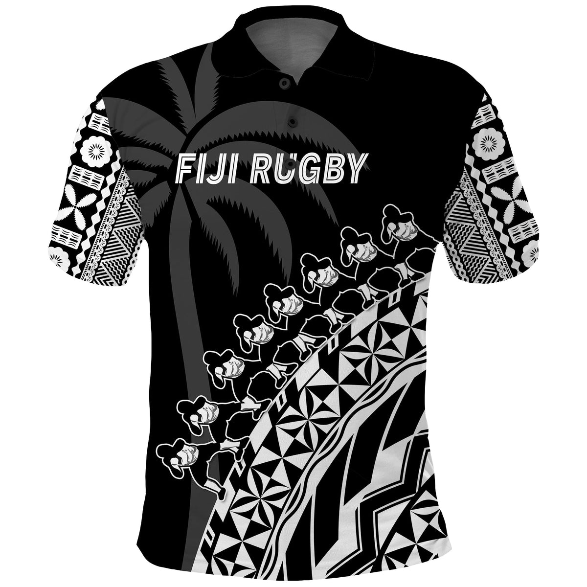 (Custom Text and Number) Fiji Rugby Polo Shirt Fijian Cibi Dance Tapa Pattern Black LT14 - Polynesian Pride
