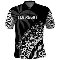 (Custom Text and Number) Fiji Rugby Polo Shirt Fijian Cibi Dance Tapa Pattern Black LT14 - Polynesian Pride