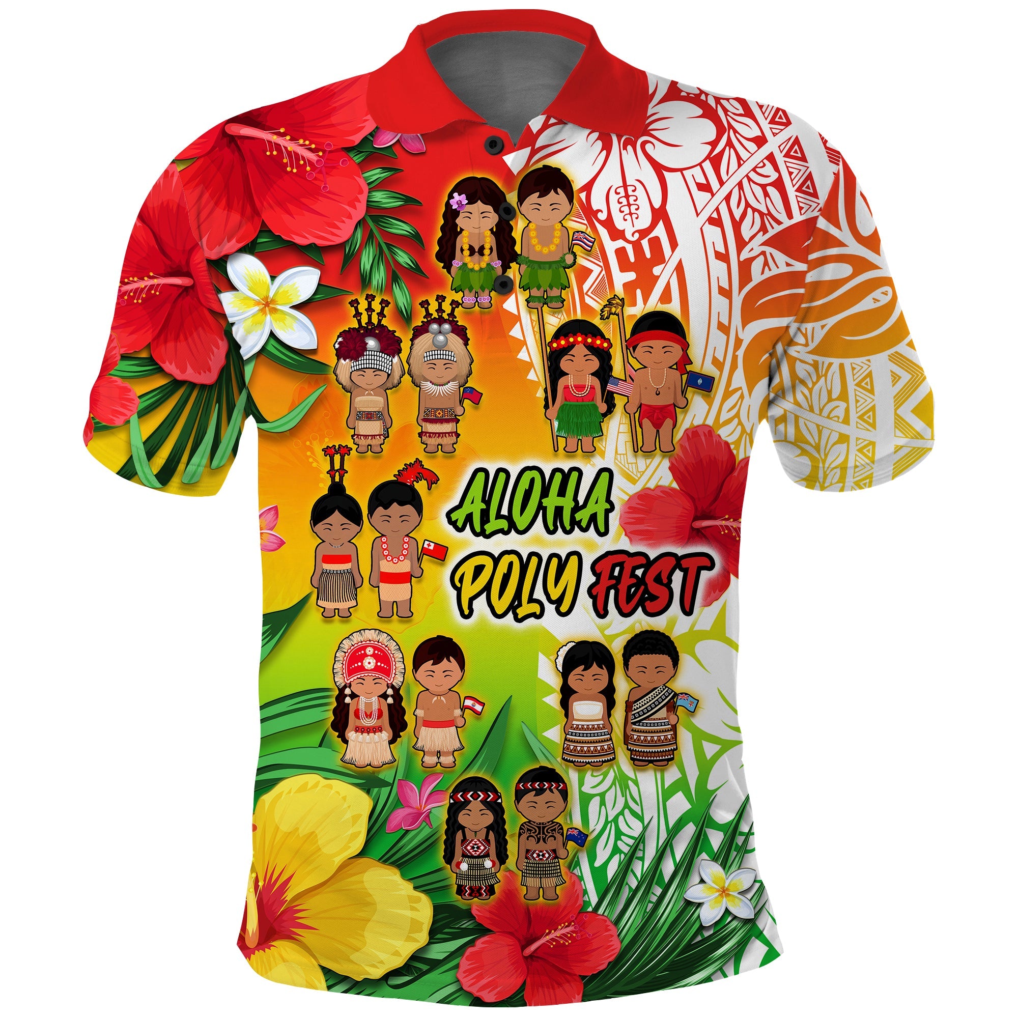 Aloha Poly Fest Polo Shirt Polynesian Pattern With Tropical Flowers LT14 Adult Reggae - Polynesian Pride