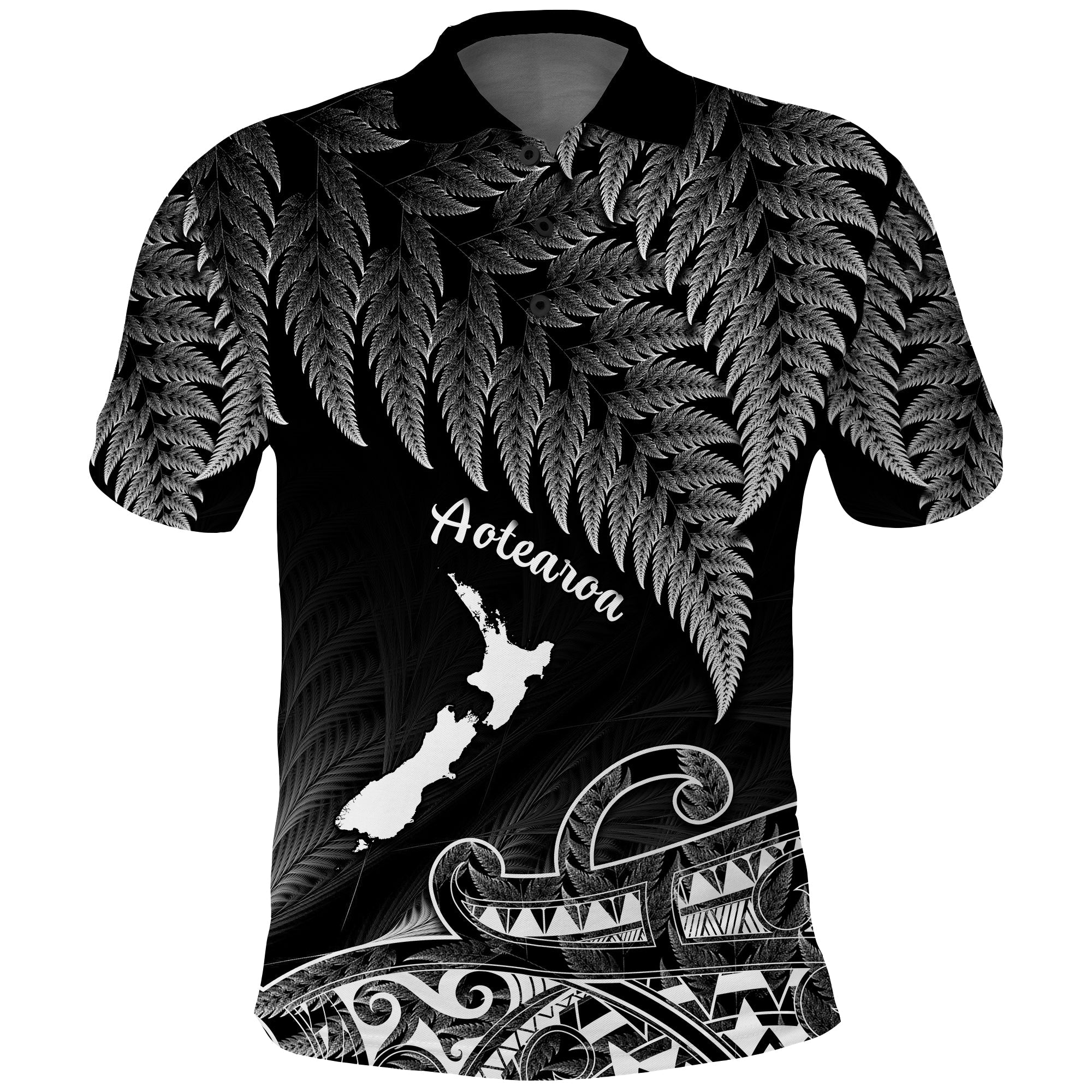 Custom New Zealand Silver Fern Polo Shirt Aotearoa Map Maori LT14 Black - Polynesian Pride