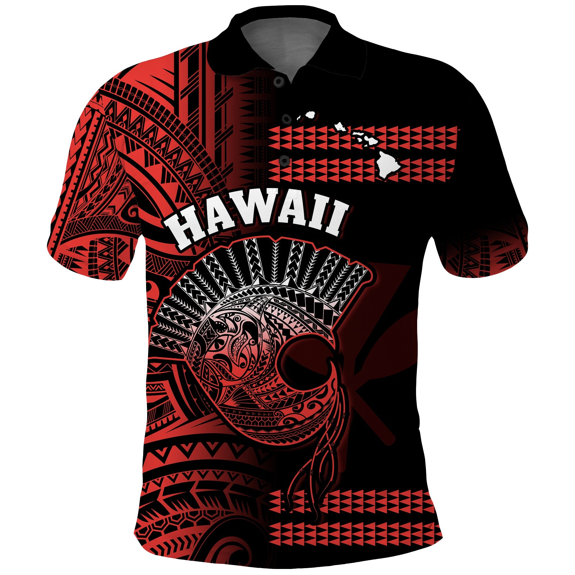 Custom Hawaii Polo Shirt Kakau Warrior Helmet Gradient Red Polynesian LT14 Red - Polynesian Pride