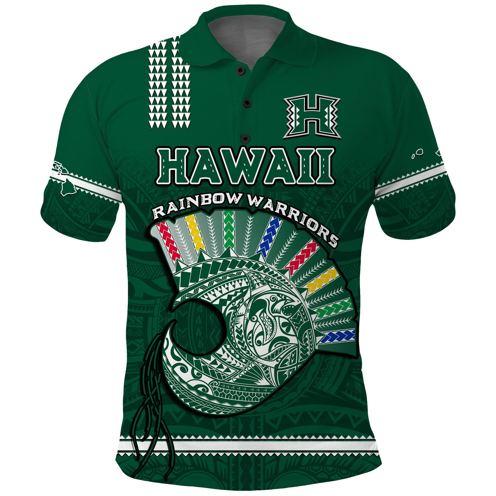 Hawaii Football Polo Shirt Kakau Rainbow Warriors Helmet Go Bows LT14 Green - Polynesian Pride
