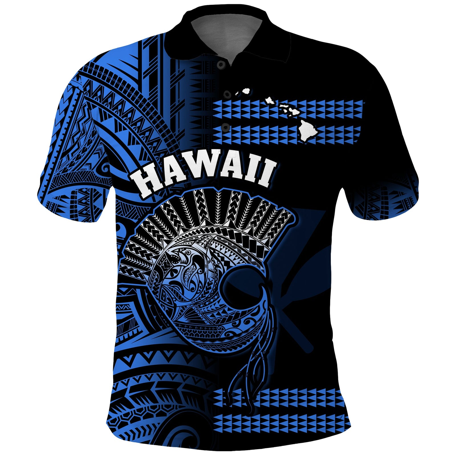 Hawaii Polo Shirt Kakau Warrior Helmet Gradient Blue Polynesian LT14 Blue - Polynesian Pride