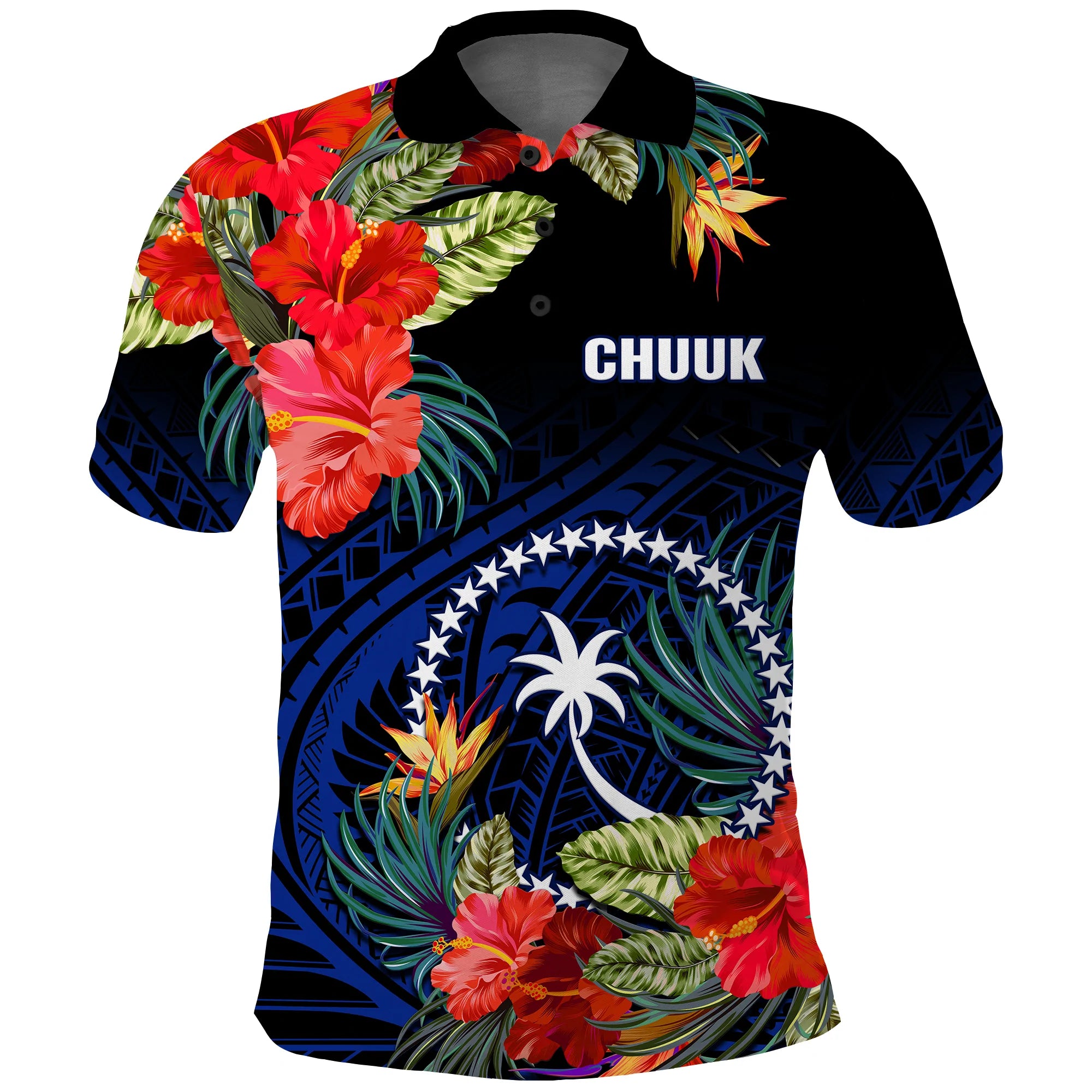 Custom Chuuk State Polo Shirt FSM Hibiscus Flowers Mix Polynesian LT14 Blue - Polynesian Pride