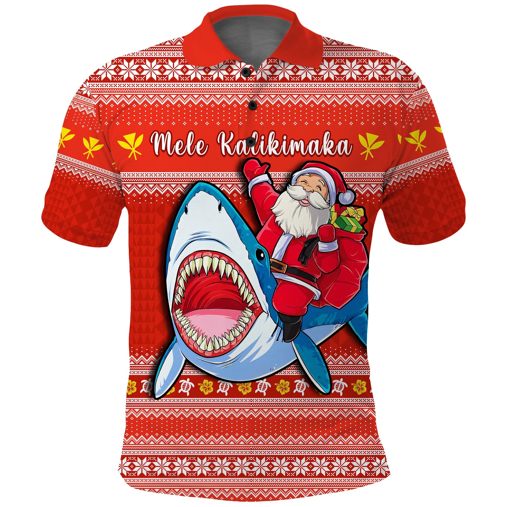 Custom Hawaii Christmas Polo Shirt Santa Shark Mele Kalikimaka Tribal LT14 Red - Polynesian Pride