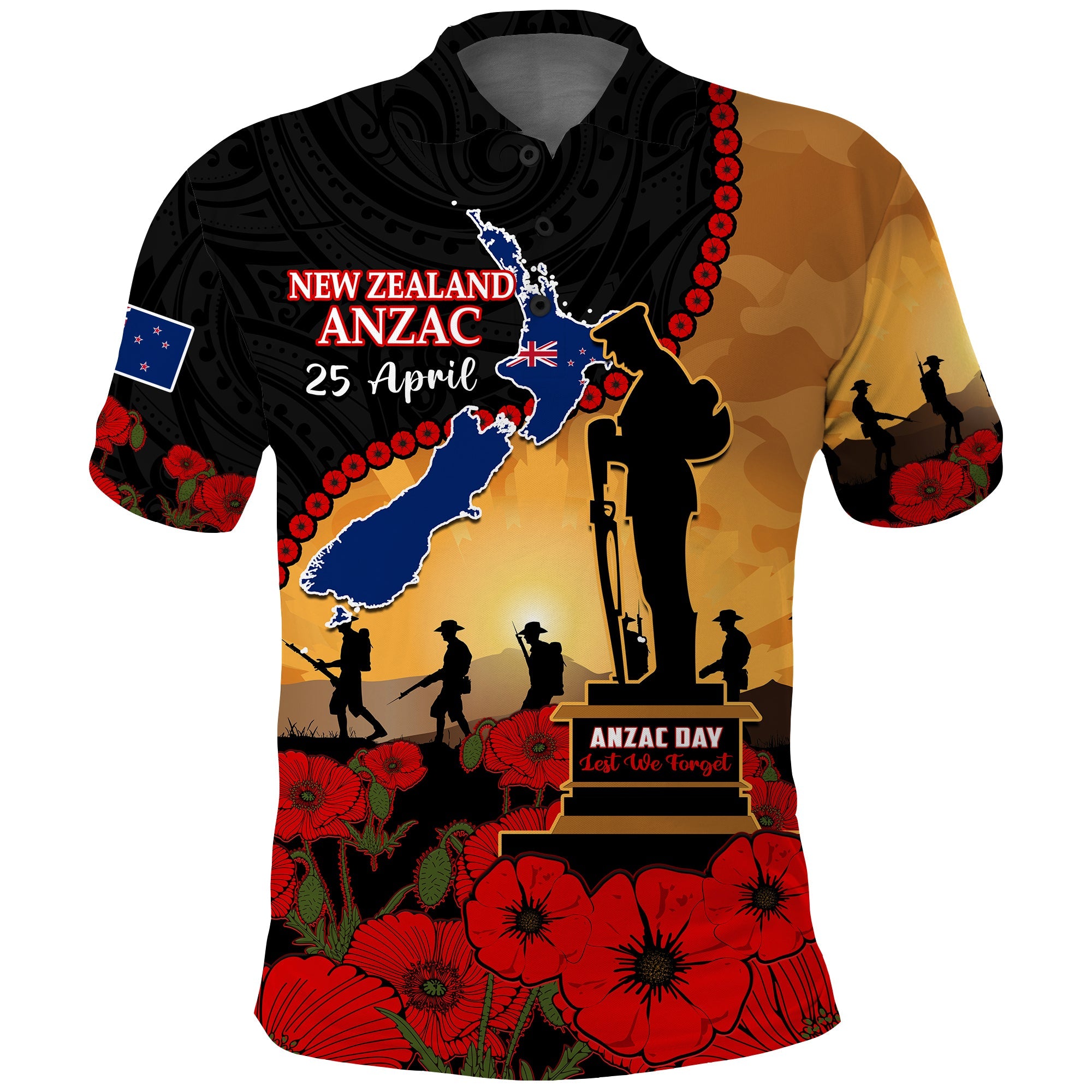 New Zealand ANZAC Polo Shirt - Maori Camouflage Mix Poppies We Will Remember Them LT14 Black - Polynesian Pride