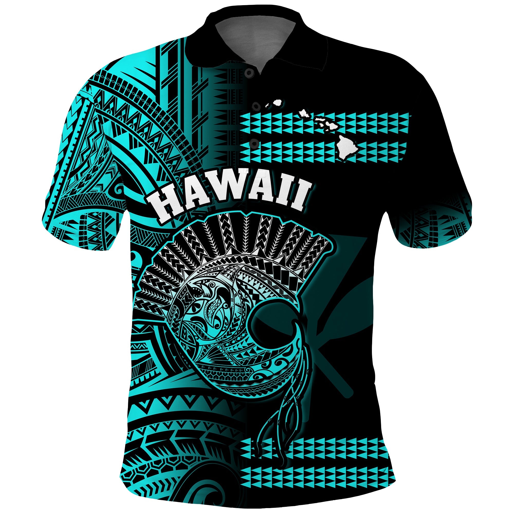 Custom Hawaii Polo Shirt Kakau Warrior Helmet Gradient Turquoise Polynesian LT14 Turquoise - Polynesian Pride