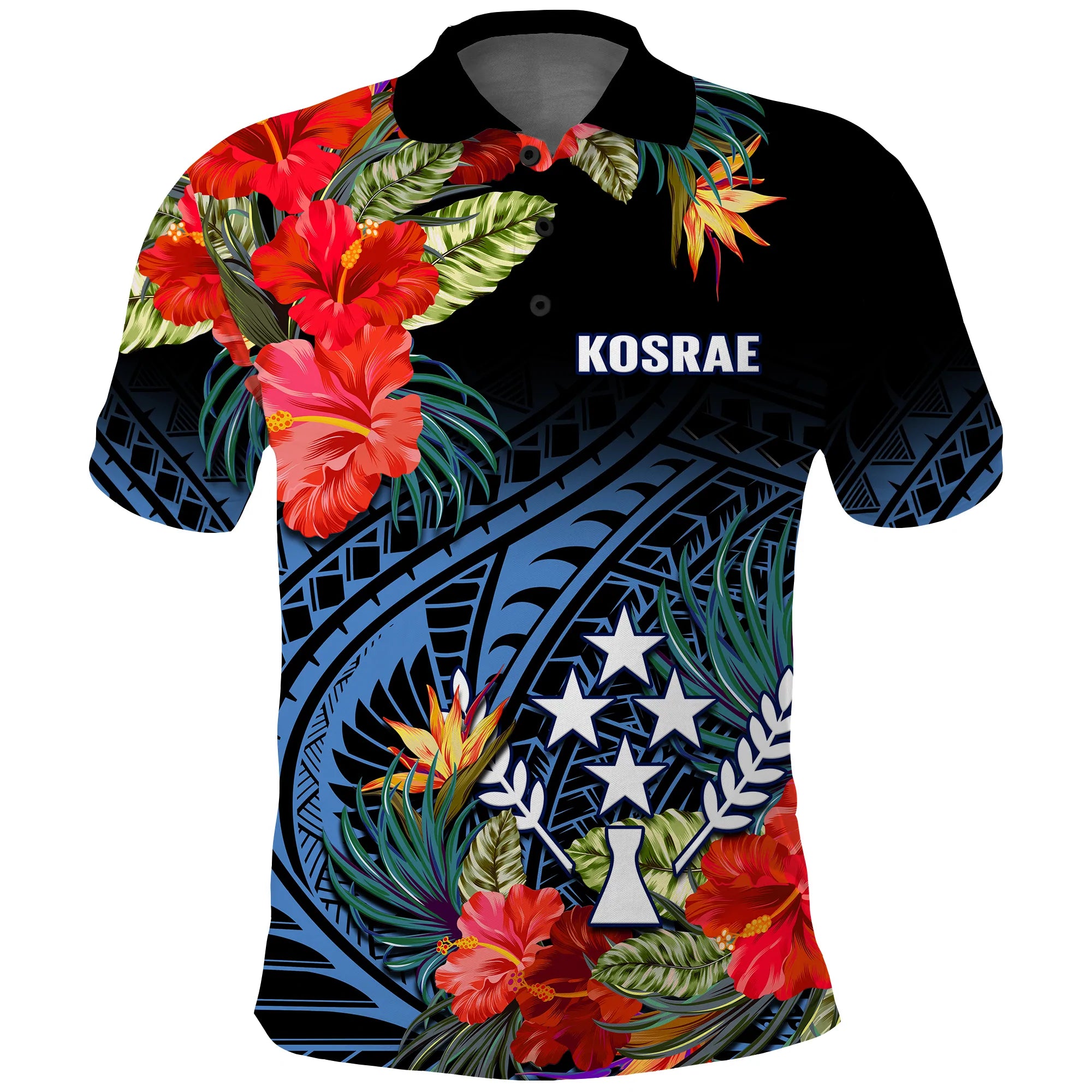 Kosrae State Polo Shirt FSM Hibiscus Flowers Mix Polynesian LT14 Blue - Polynesian Pride