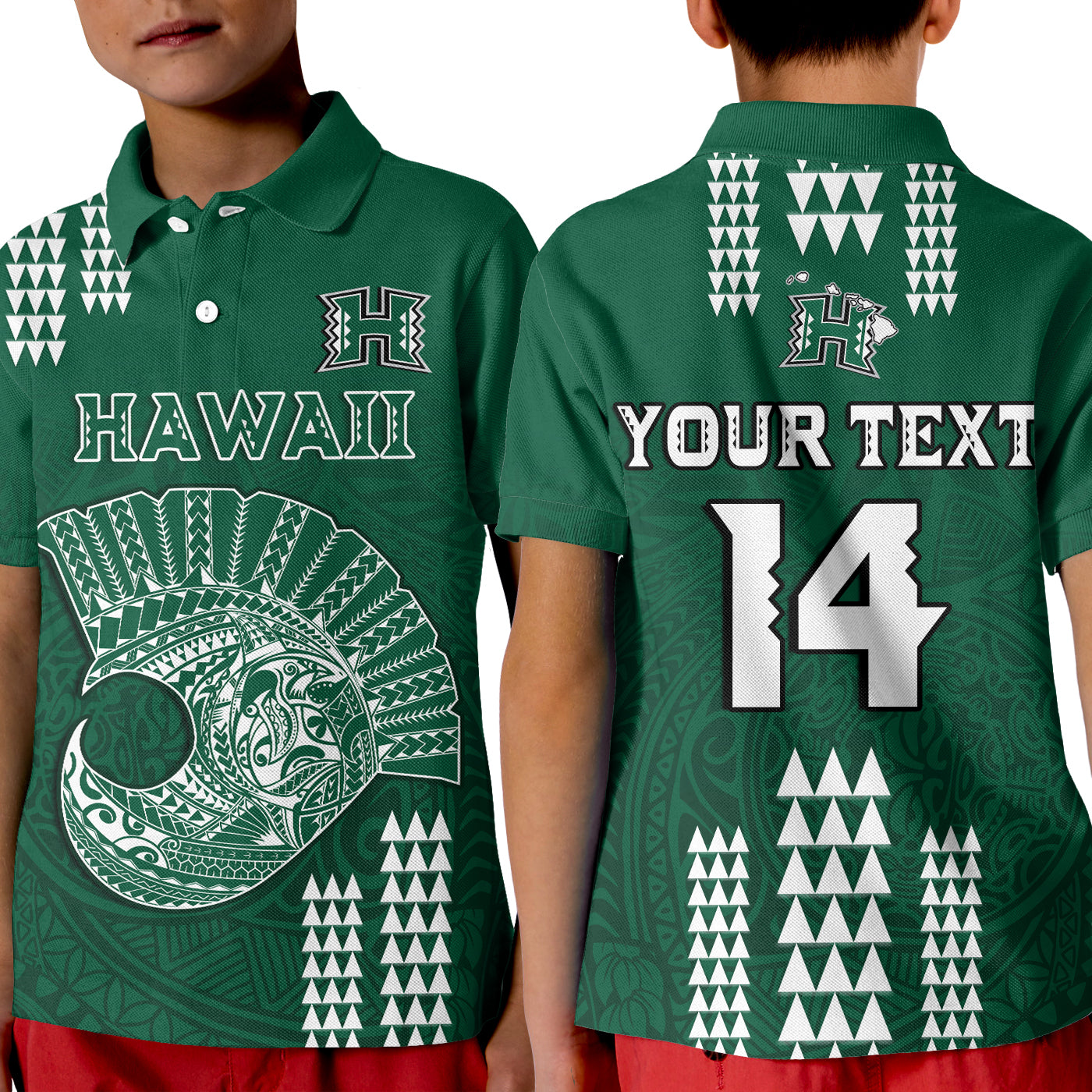 (Custom Text And Number) Hawaii Football Polo Shirt KID Kakau Rainbow Warriors Helmet LT14 Kid Green - Polynesian Pride